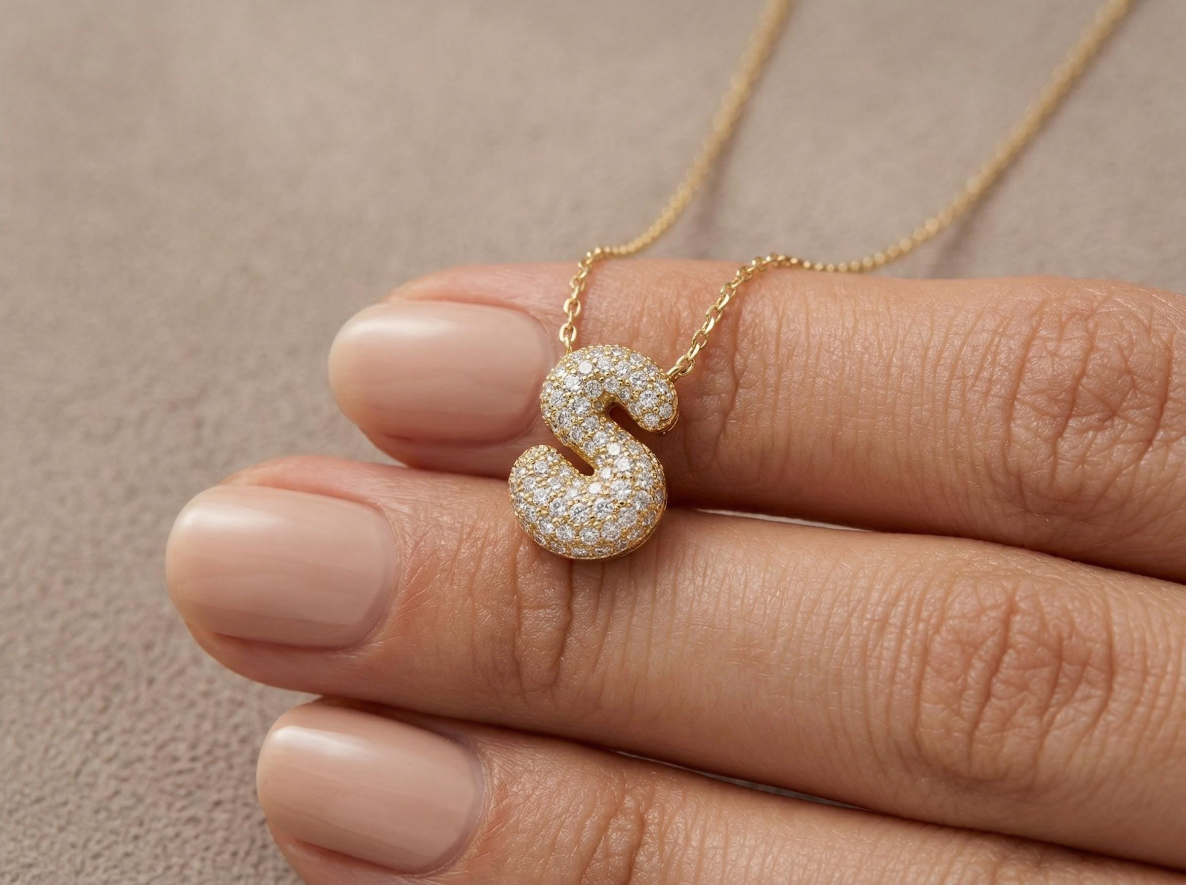 3D Bubble Initial Necklace, Personalized Name Necklace, Puffy Letter Charm, Dainty Gold Initial Jewelry, Gift for Mom