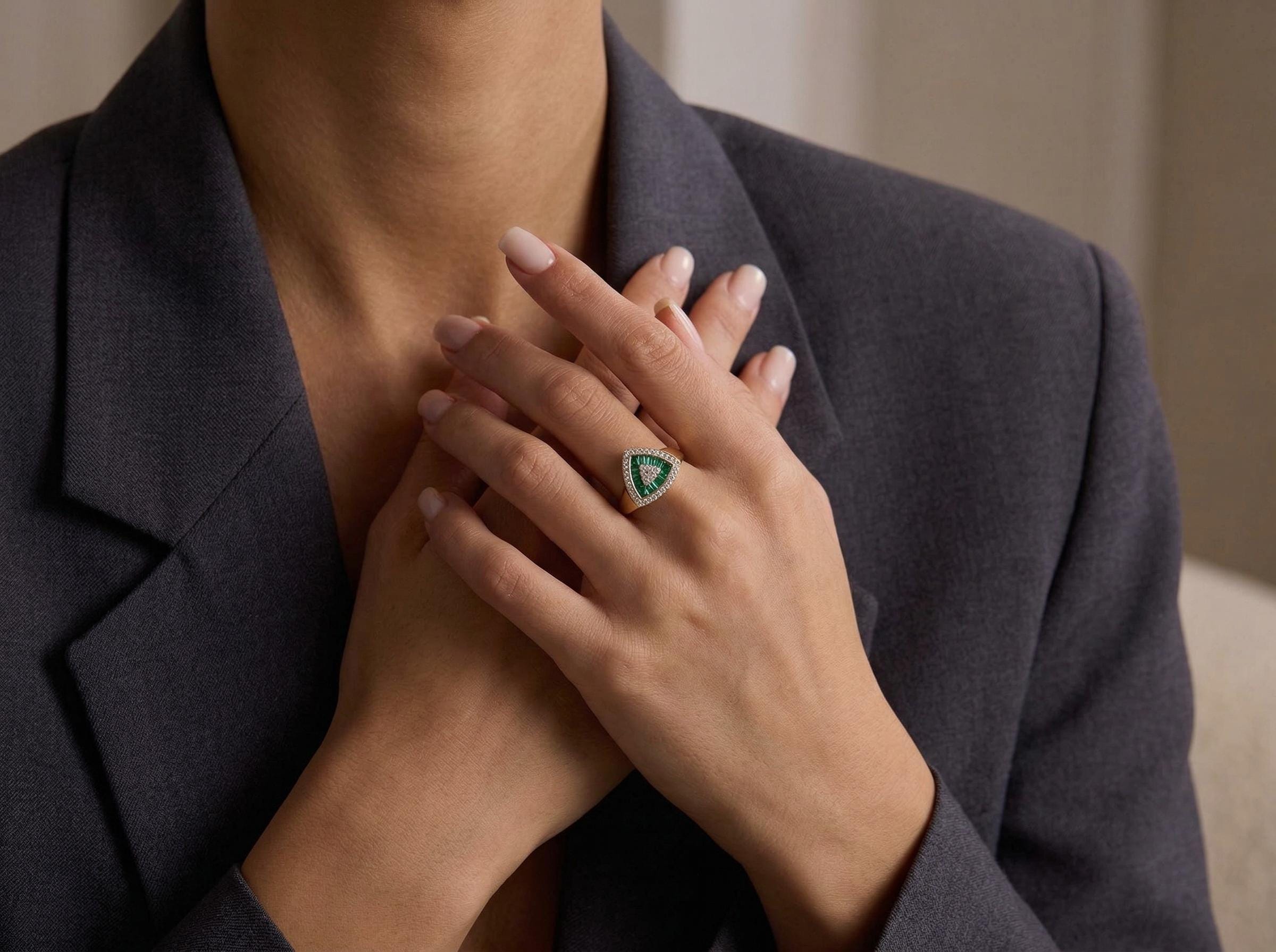 Emerald Baguette Triangle Ring 14K Solid Gold, Geometric Jade Ring, Sculptural Statement Ring, Pinky Ring, Class Ring