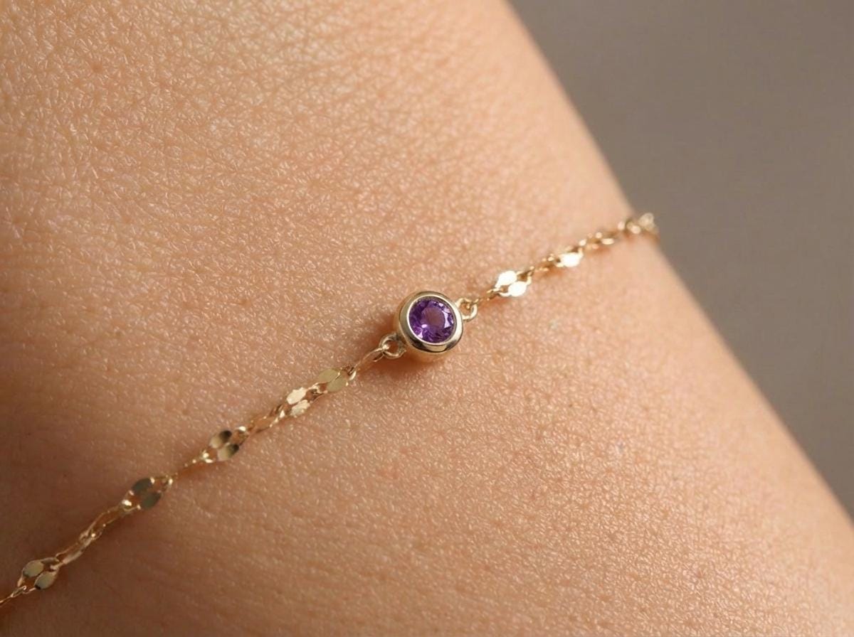 14K Gold February Birthstone Bracelet – Couples bracelet, Birthday gift