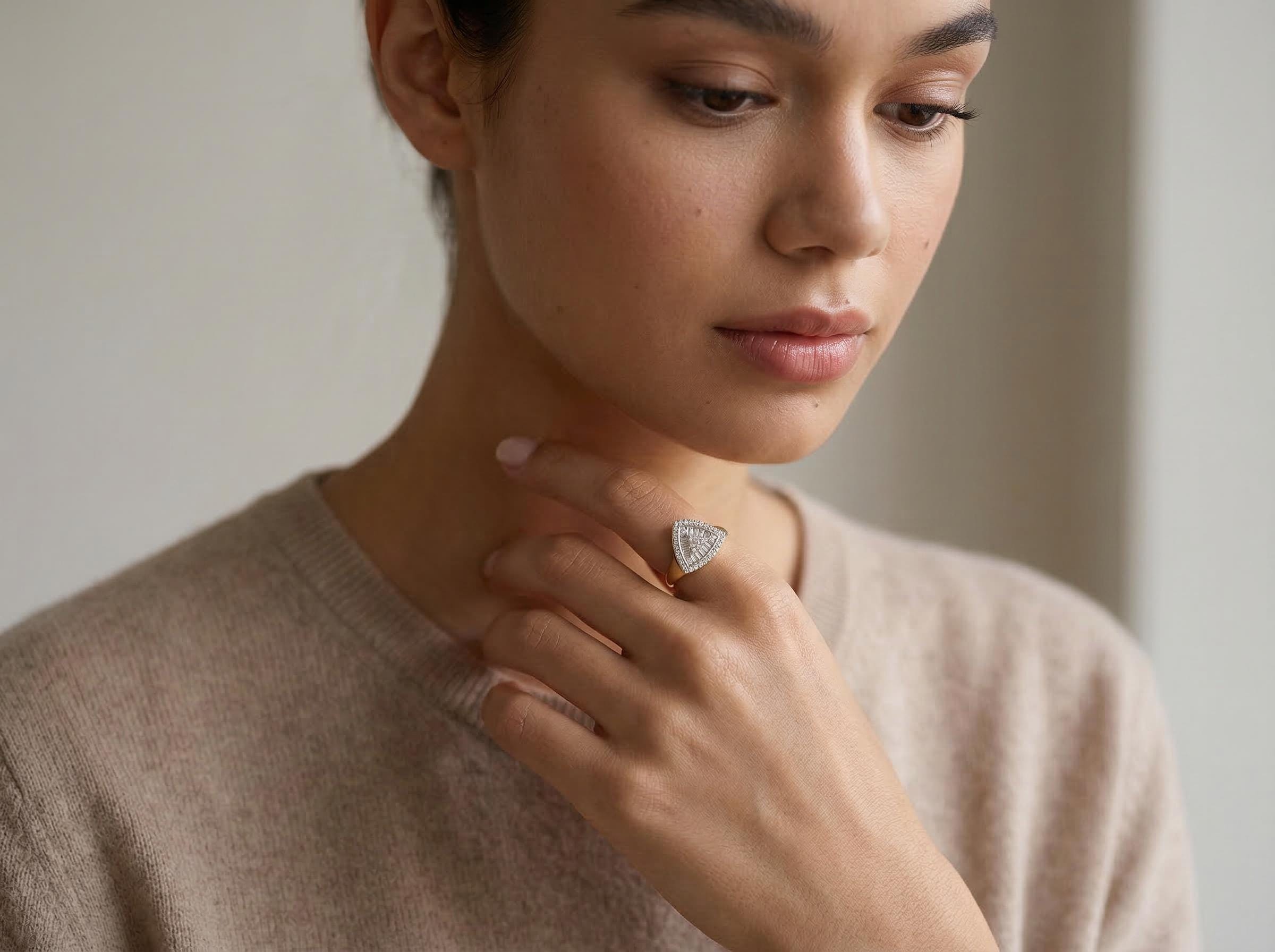 14K Solid Gold Baguette Triangle Ring, Diamond Triangle Ring, Geometric Gold Ring, Statement Fine Jewelry, Unique Gold Gift for Her