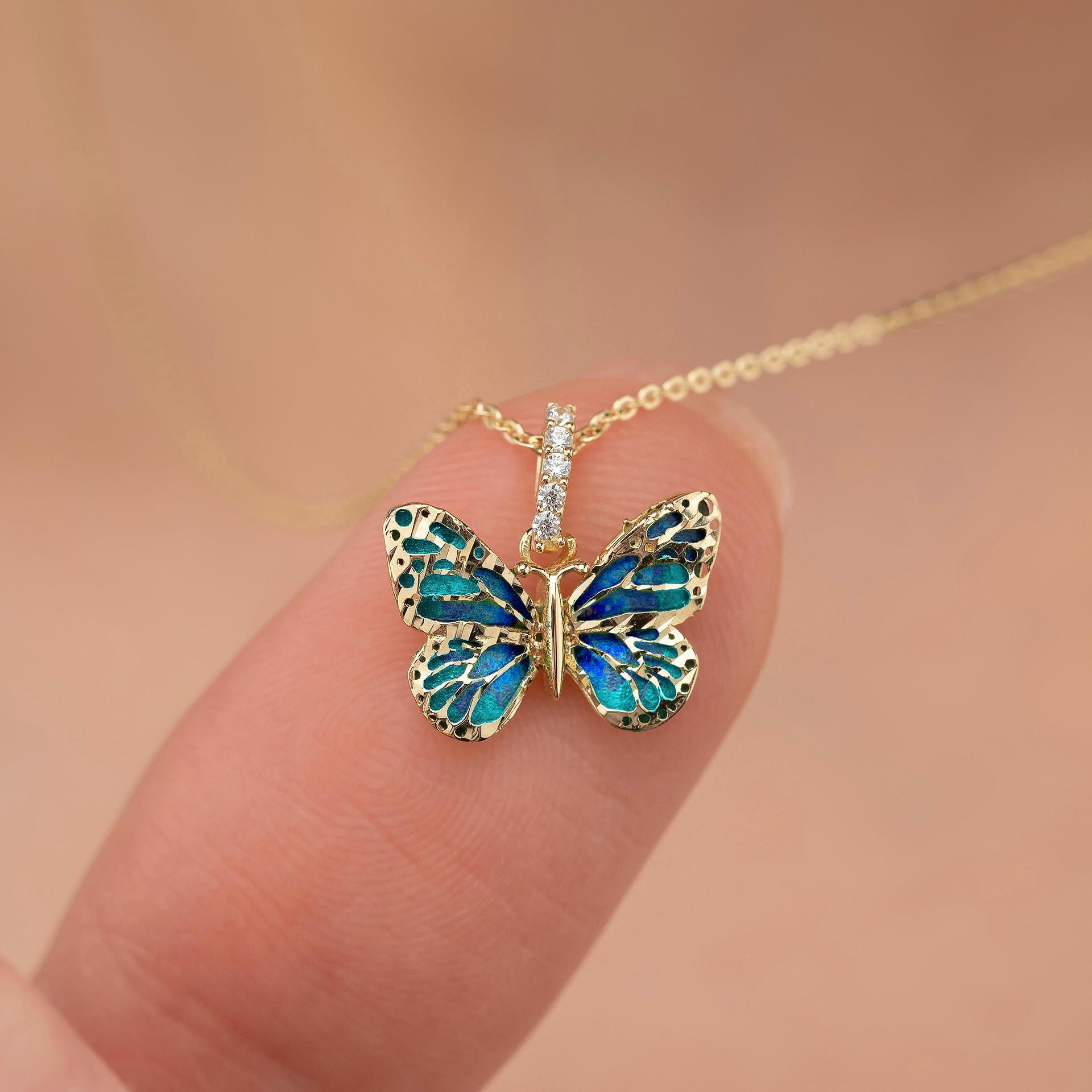 14K Solid Gold Butterfly Necklace: Blue Enamel Holiday Jewelry
