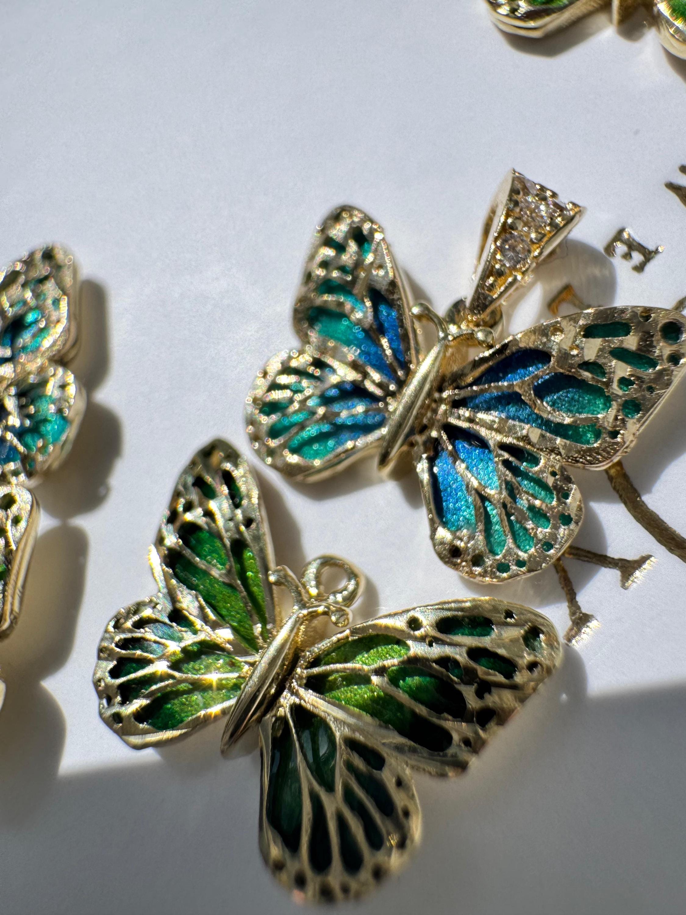 14K Solid Gold Butterfly Necklace: Blue Enamel Holiday Jewelry