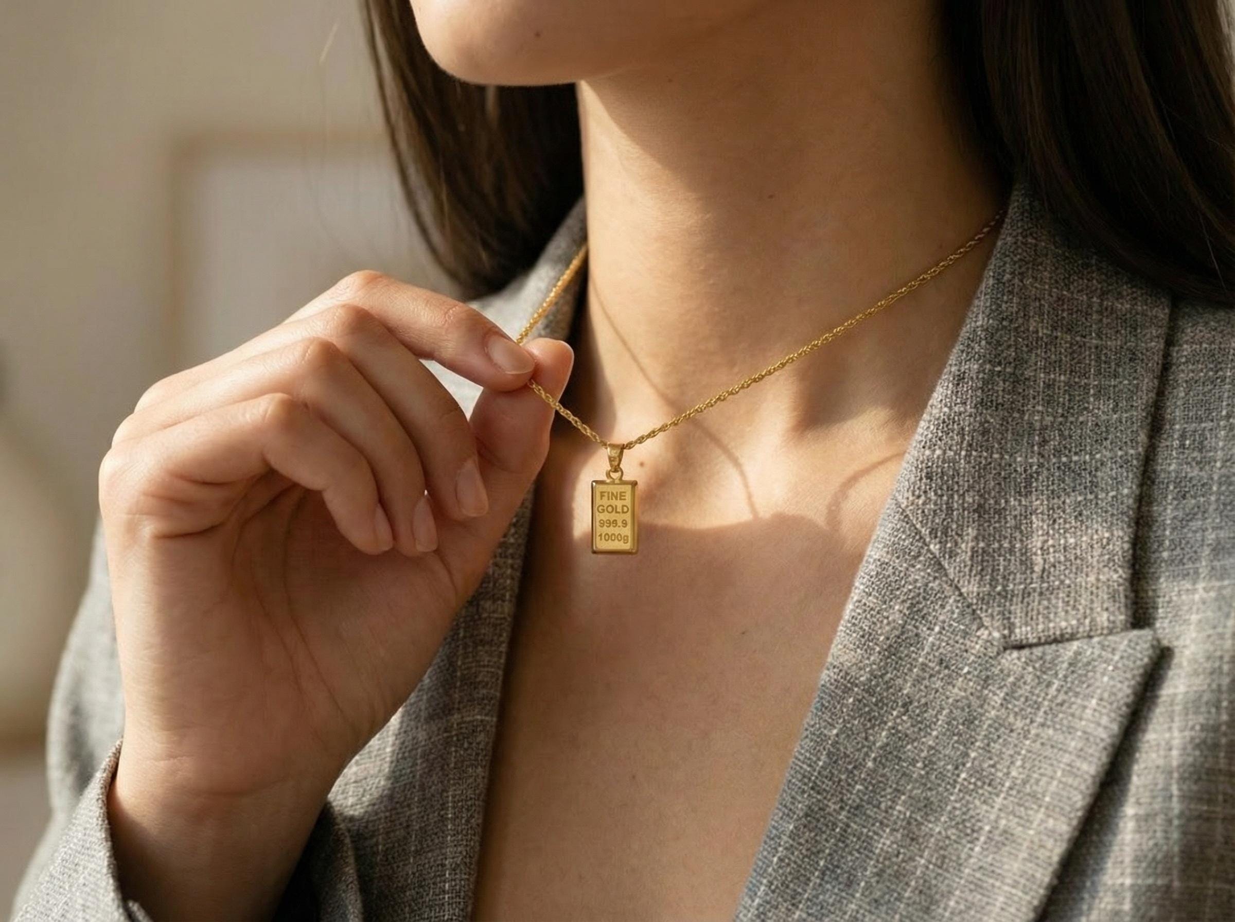 14K Solid Gold 3D Bullion Bar Necklace – Mini Gold Ingot Pendant on Gold Rope Chain, Wealth Symbol Jewelry
