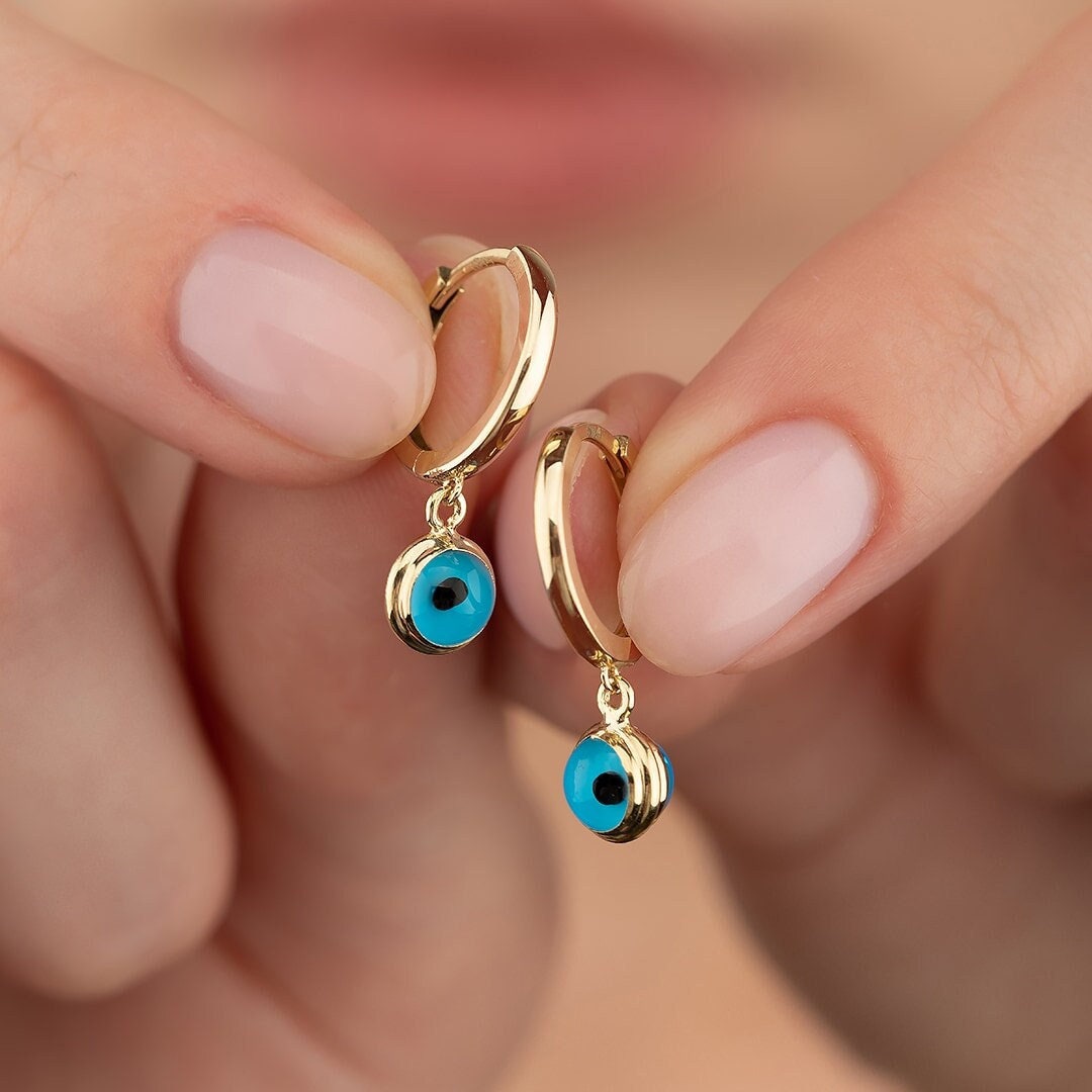 14K Solid Gold Evil Eye Hoop Earrings: Dainty Huggie Style