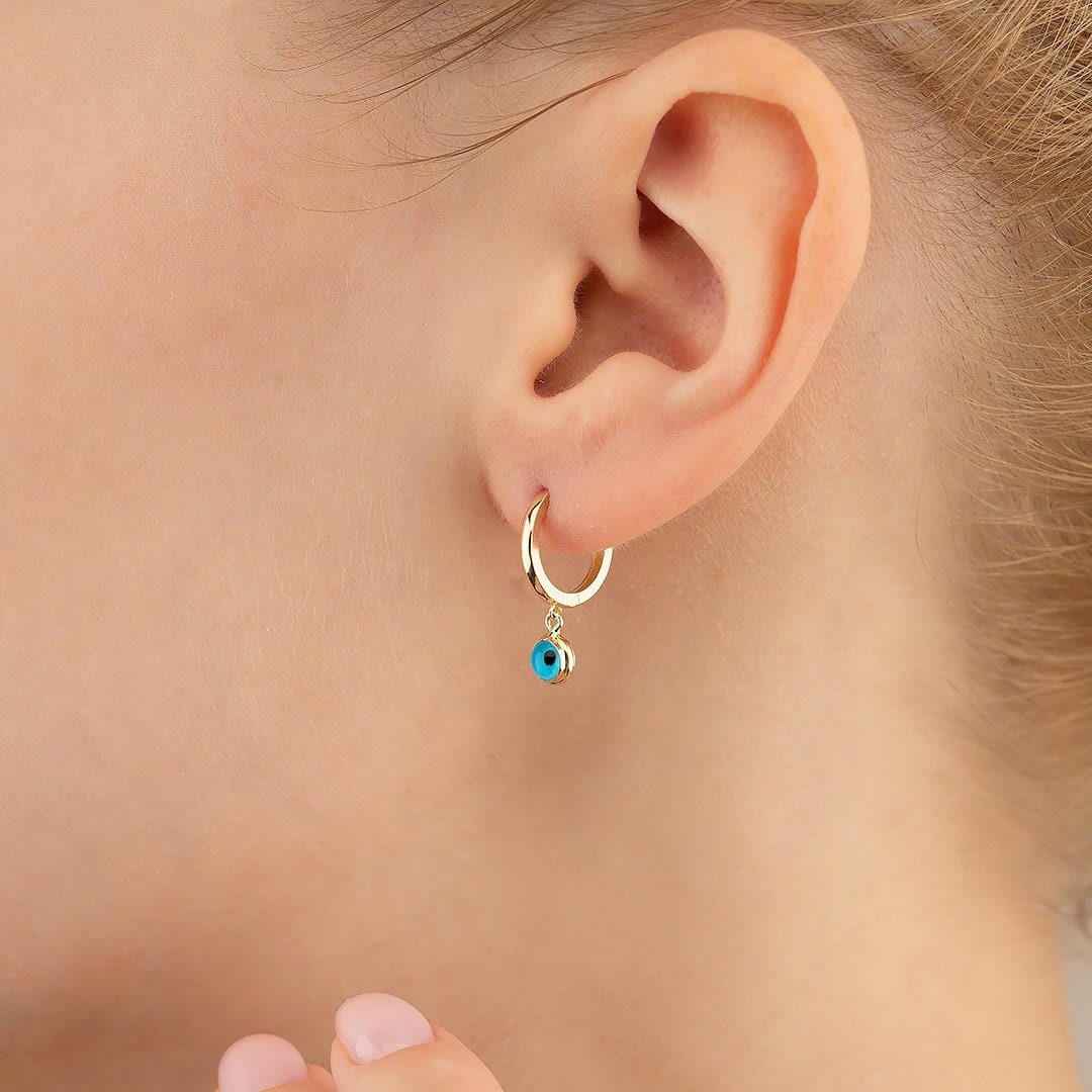 14K Solid Gold Evil Eye Hoop Earrings: Dainty Huggie Style