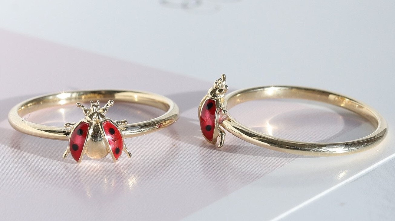14K Solid Gold Ladybug Ring: Good Luck Charm, Valentine's Gift
