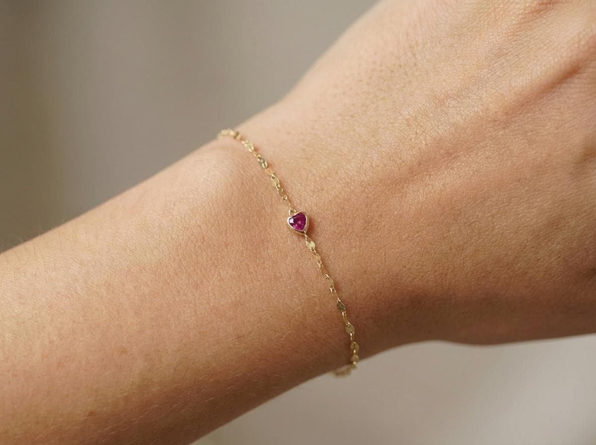 14K Solid Gold Twisted Bracelet with Ruby – Mirror or Sun Star Chain – July Birthstone Gift