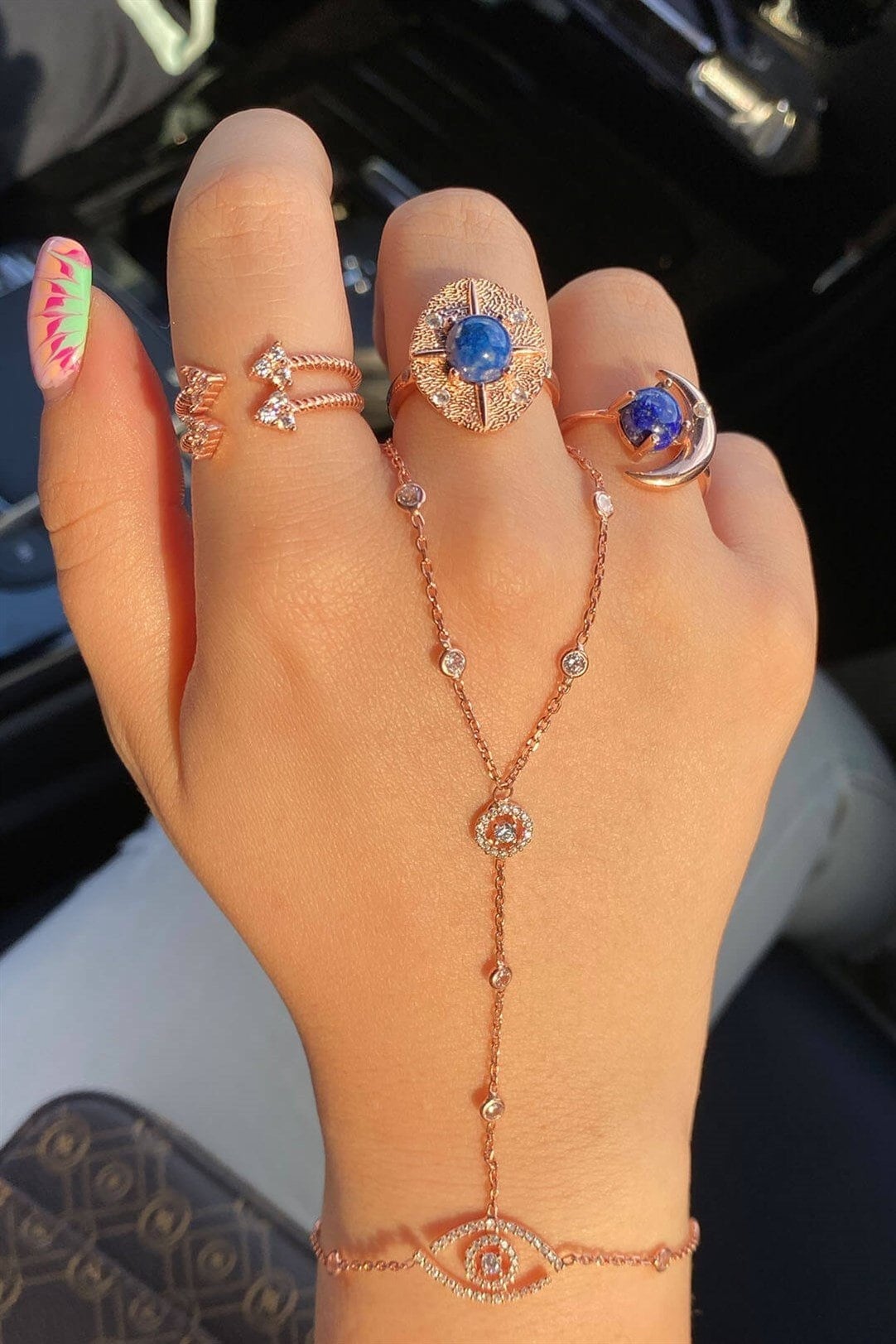 Rose Gold Evil Eye Hand Chain Bracelet: 925k Sterling Silver