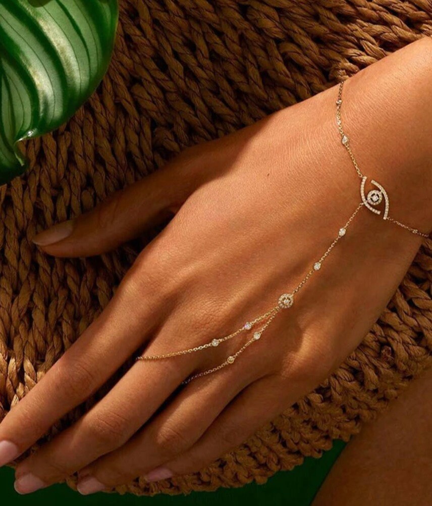 Rose Gold Evil Eye Hand Chain Bracelet: 925k Sterling Silver