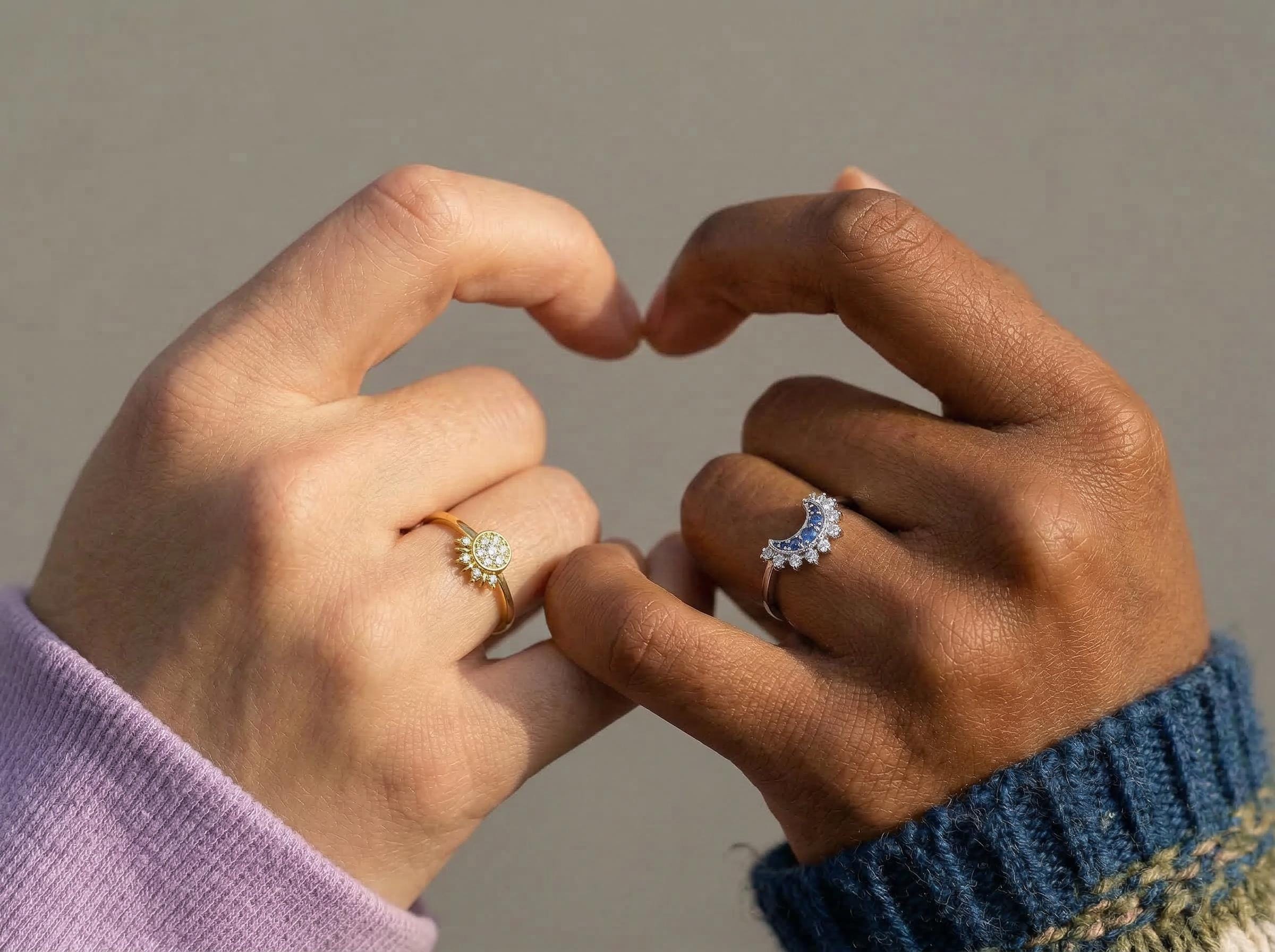 Sun and Moon Ring Set Mixed Metal, Celestial Matching Rings, Gold Silver Stackable Rings, Meaningful Promise Ring, Gift for Mom