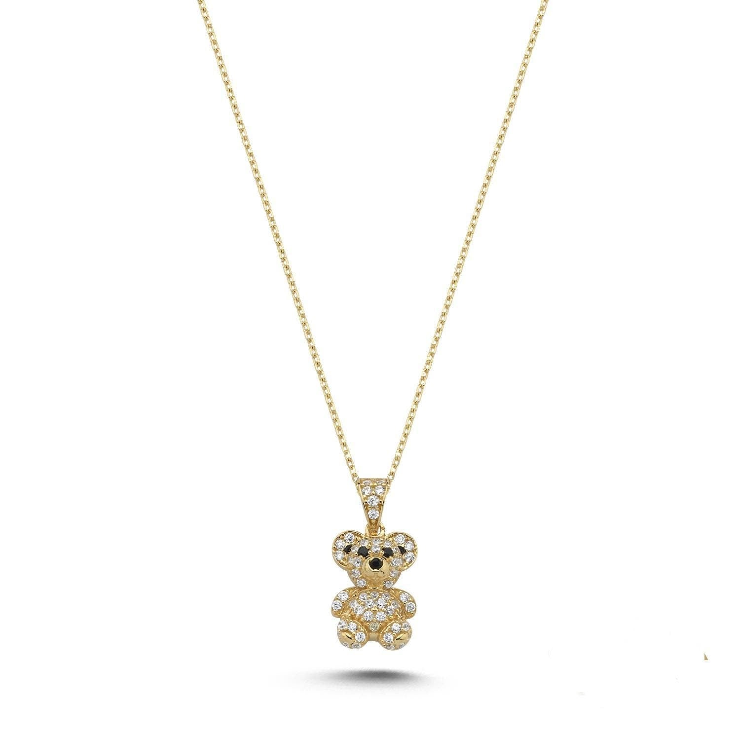 14k Real Gold Pendants Necklace, 14k Solid Gold Teddy Bear Pendant, Diamond model, Cubic Zirconia Stone, Gift For Christmas, Gift for her