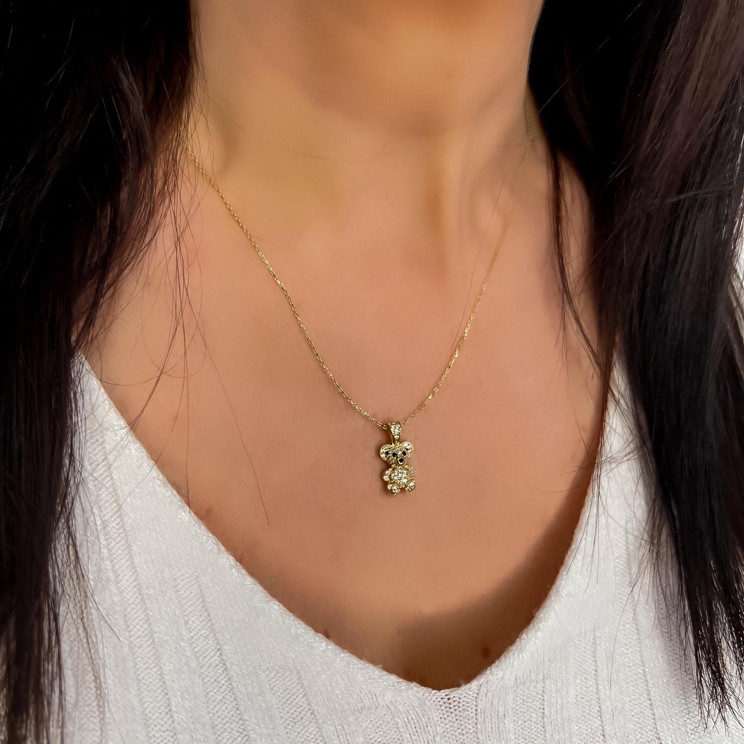 14k Real Gold Pendants Necklace, 14k Solid Gold Teddy Bear Pendant, Diamond model, Cubic Zirconia Stone, Gift For Christmas, Gift for her