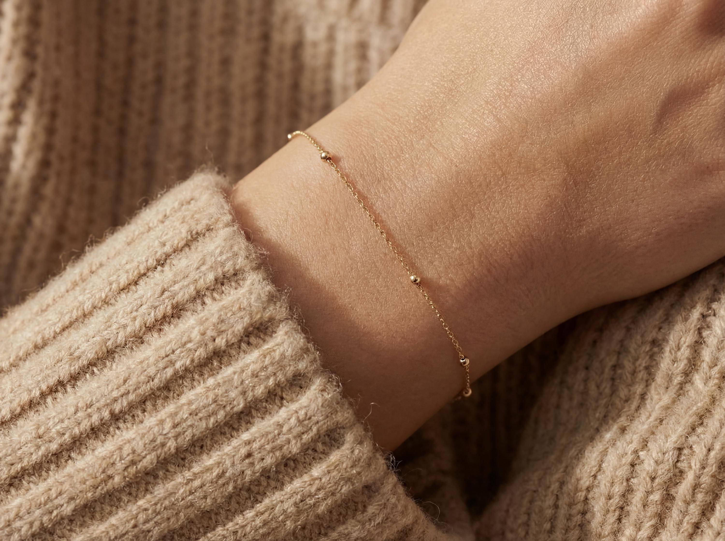 14k Solid Gold Ball Chain Bracelet: Minimalist Satellite Necklace
