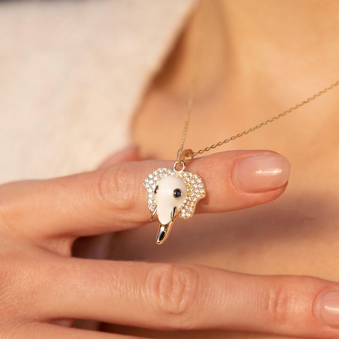 14k Solid Gold Elephant Necklace: Enamel Mystic Pendant