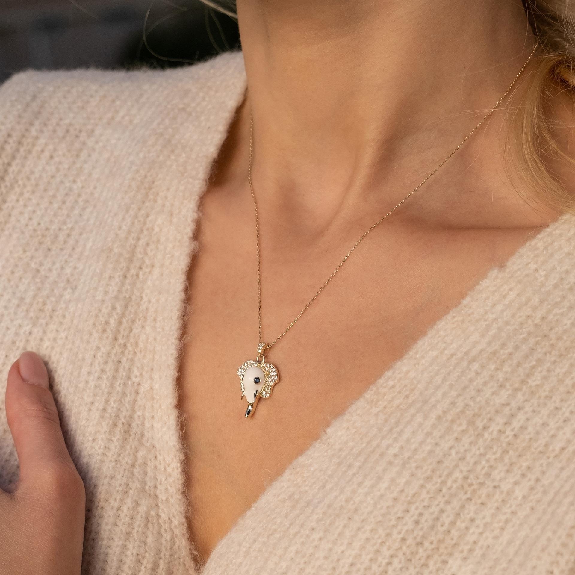 14k Solid Gold Elephant Necklace: Enamel Mystic Pendant
