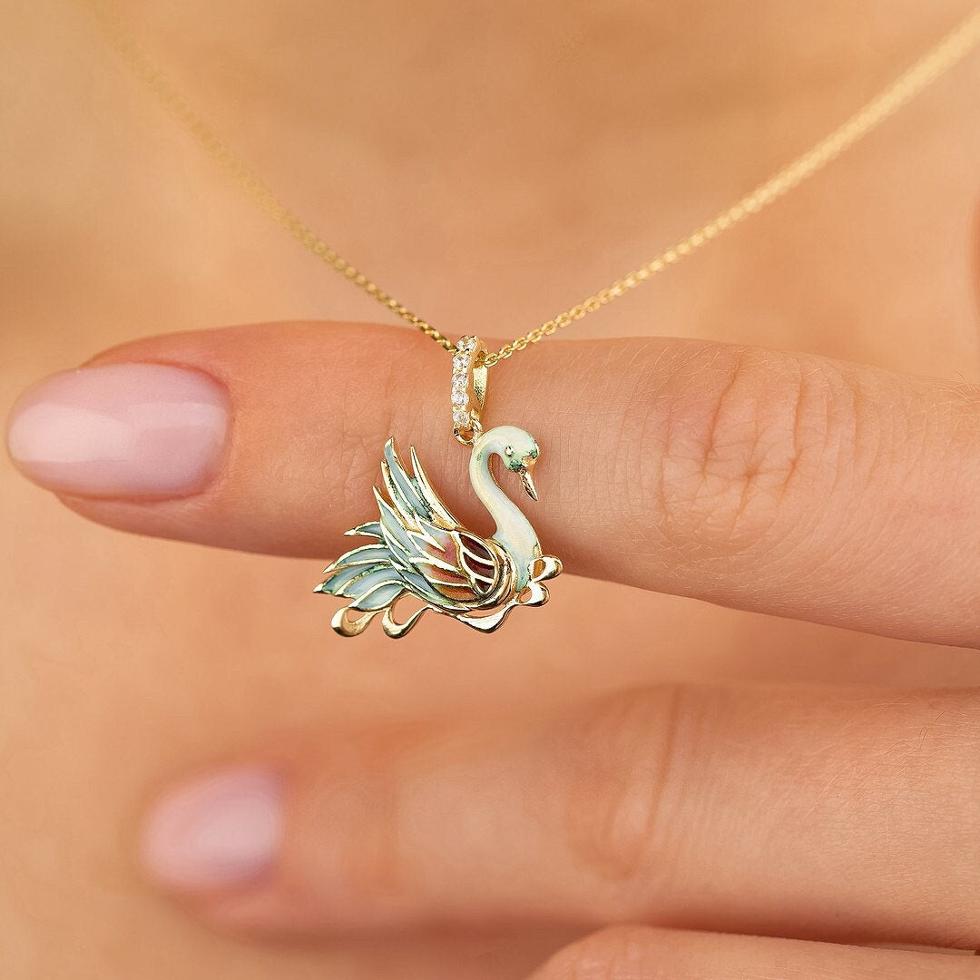 14k Solid Gold Swan Necklace: Green Enamel Pendant, Valentine Gift