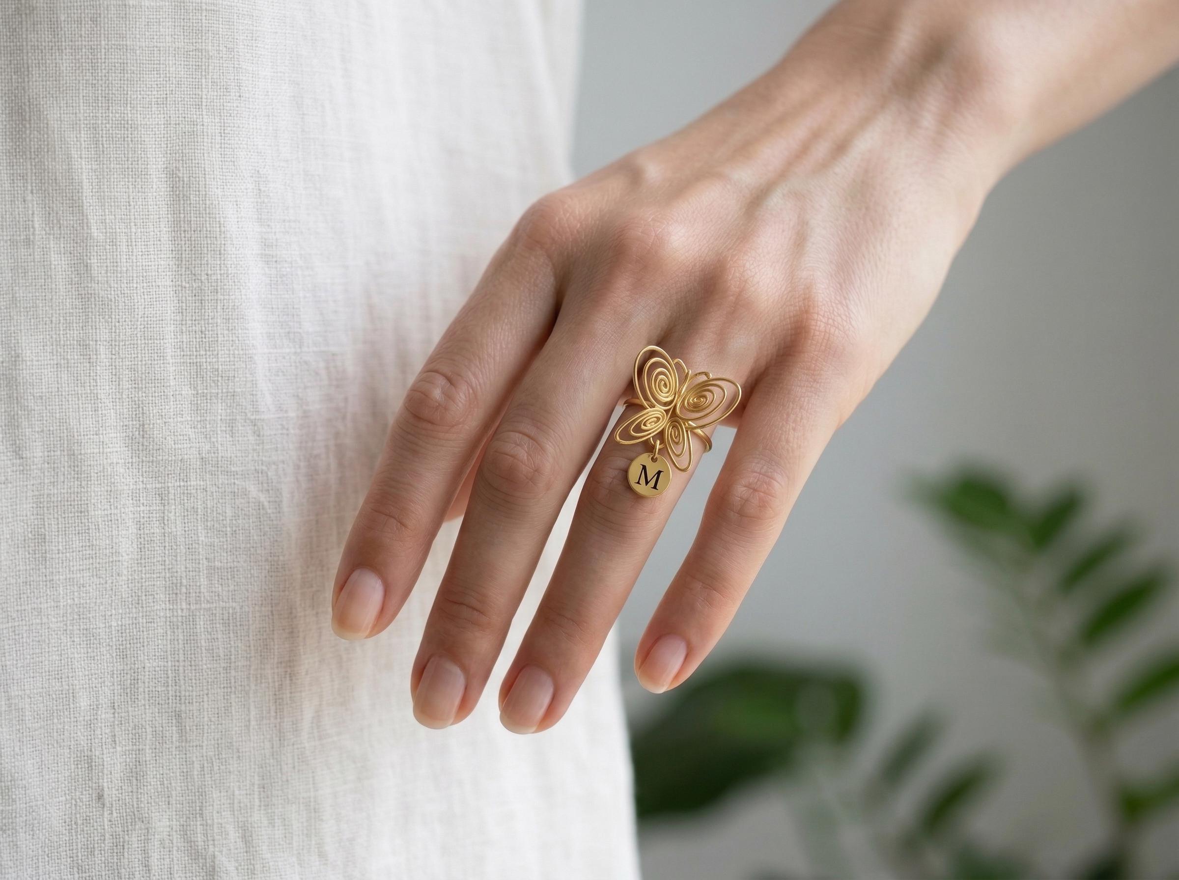 Butterfly Spiral Ring, 18K Gold Butterfly Statement Ring, Adjustable Sculptural Ring, Personalized Initial Charm