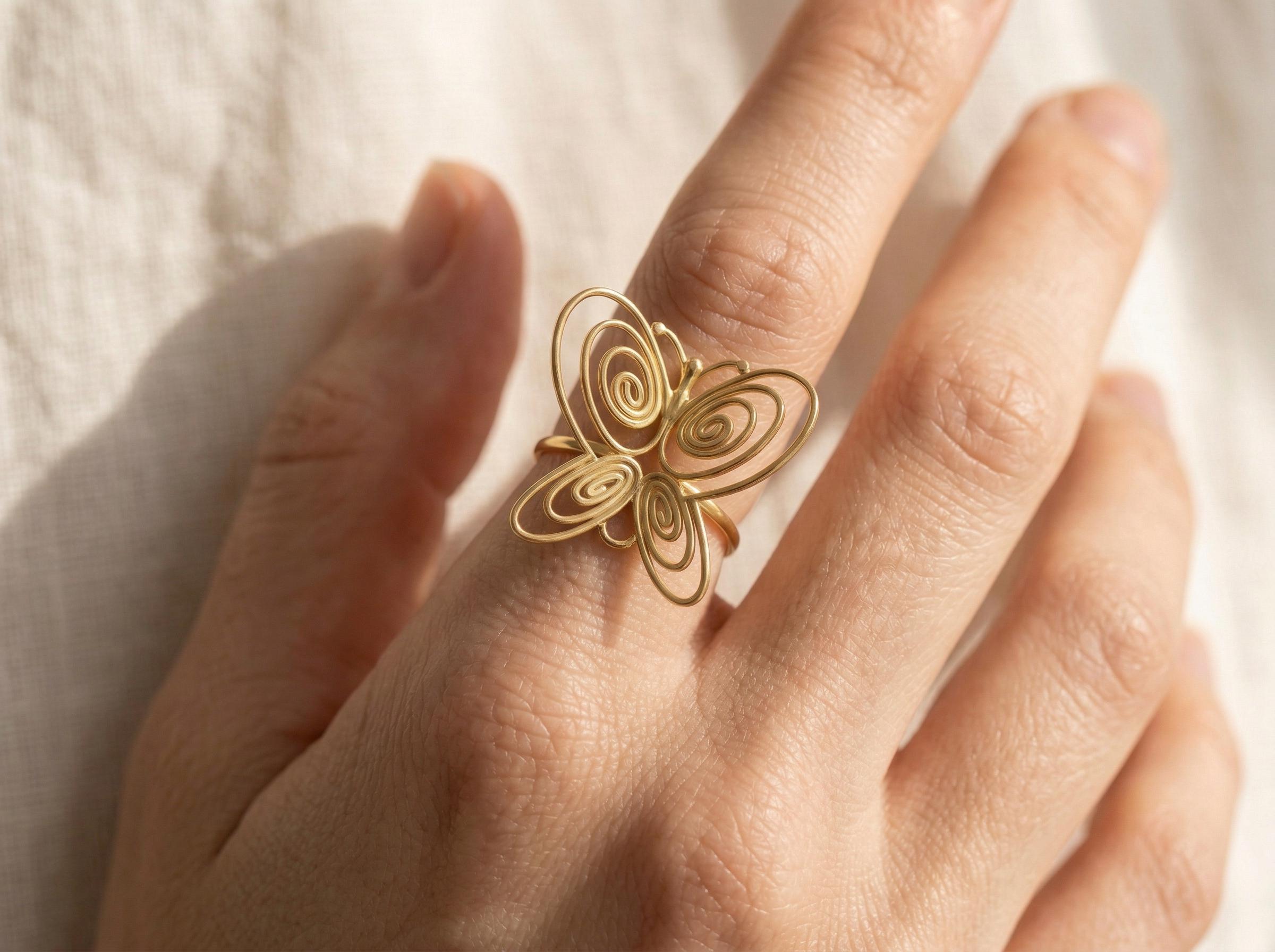 Butterfly Spiral Ring, 18K Gold Butterfly Statement Ring, Adjustable Sculptural Ring, Personalized Initial Charm