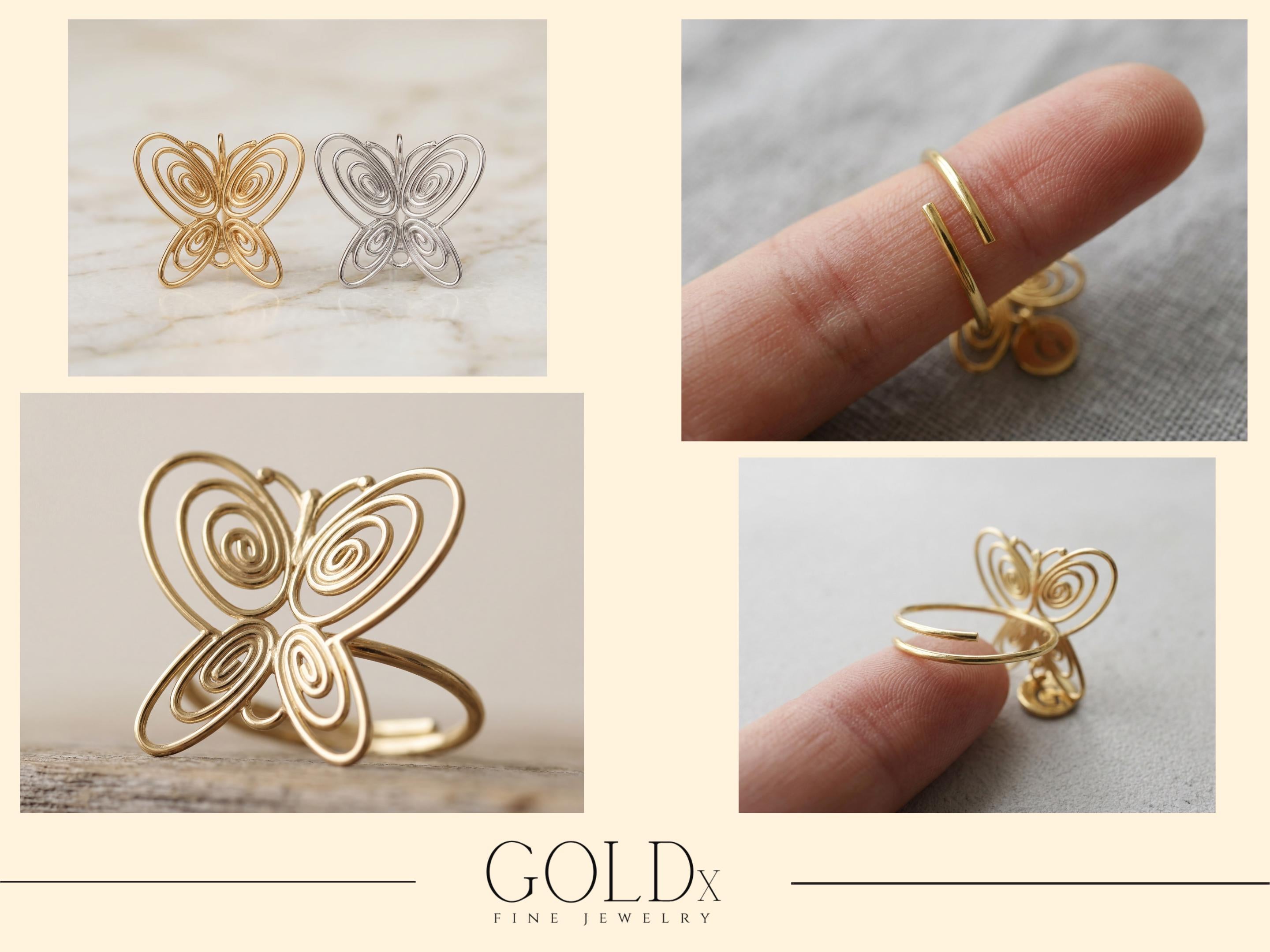 Butterfly Spiral Ring, 18K Gold Butterfly Statement Ring, Adjustable Sculptural Ring, Personalized Initial Charm