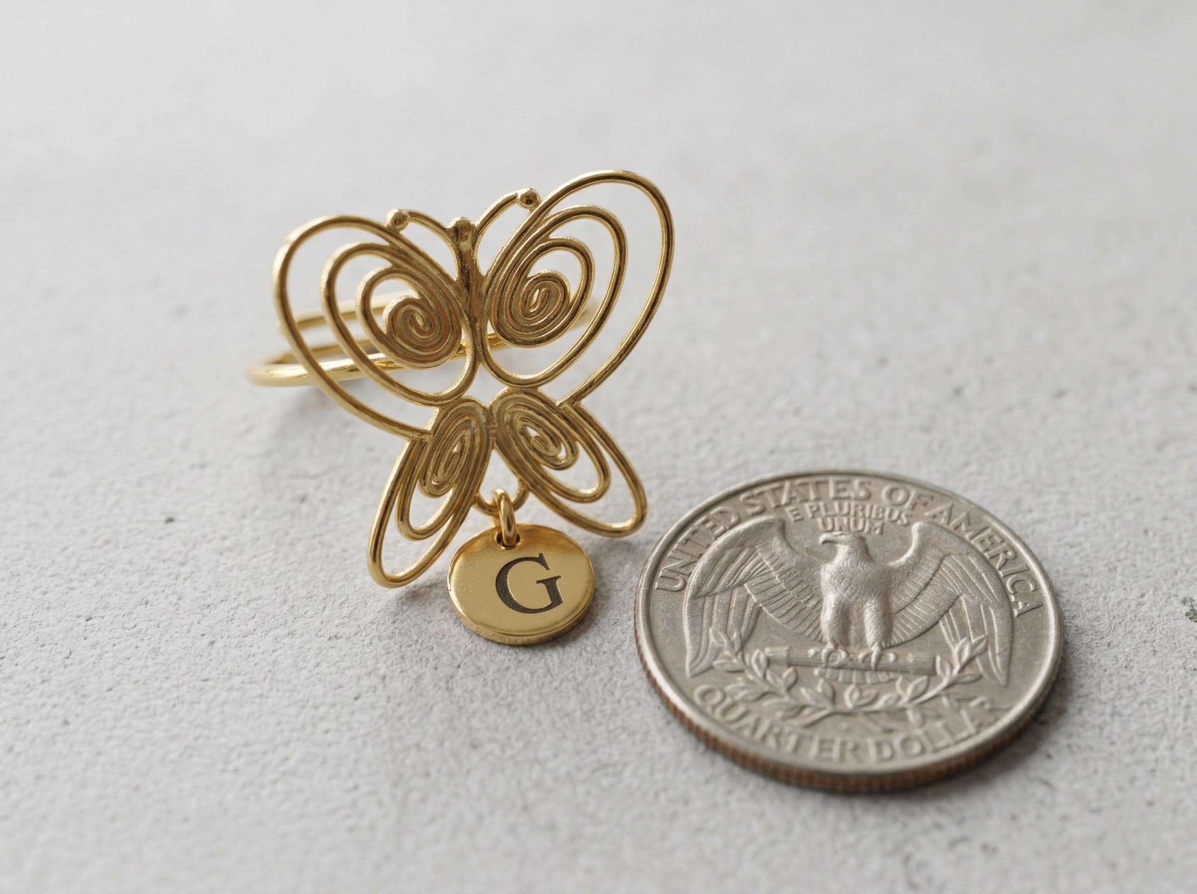 Butterfly Spiral Ring, 18K Gold Butterfly Statement Ring, Adjustable Sculptural Ring, Personalized Initial Charm