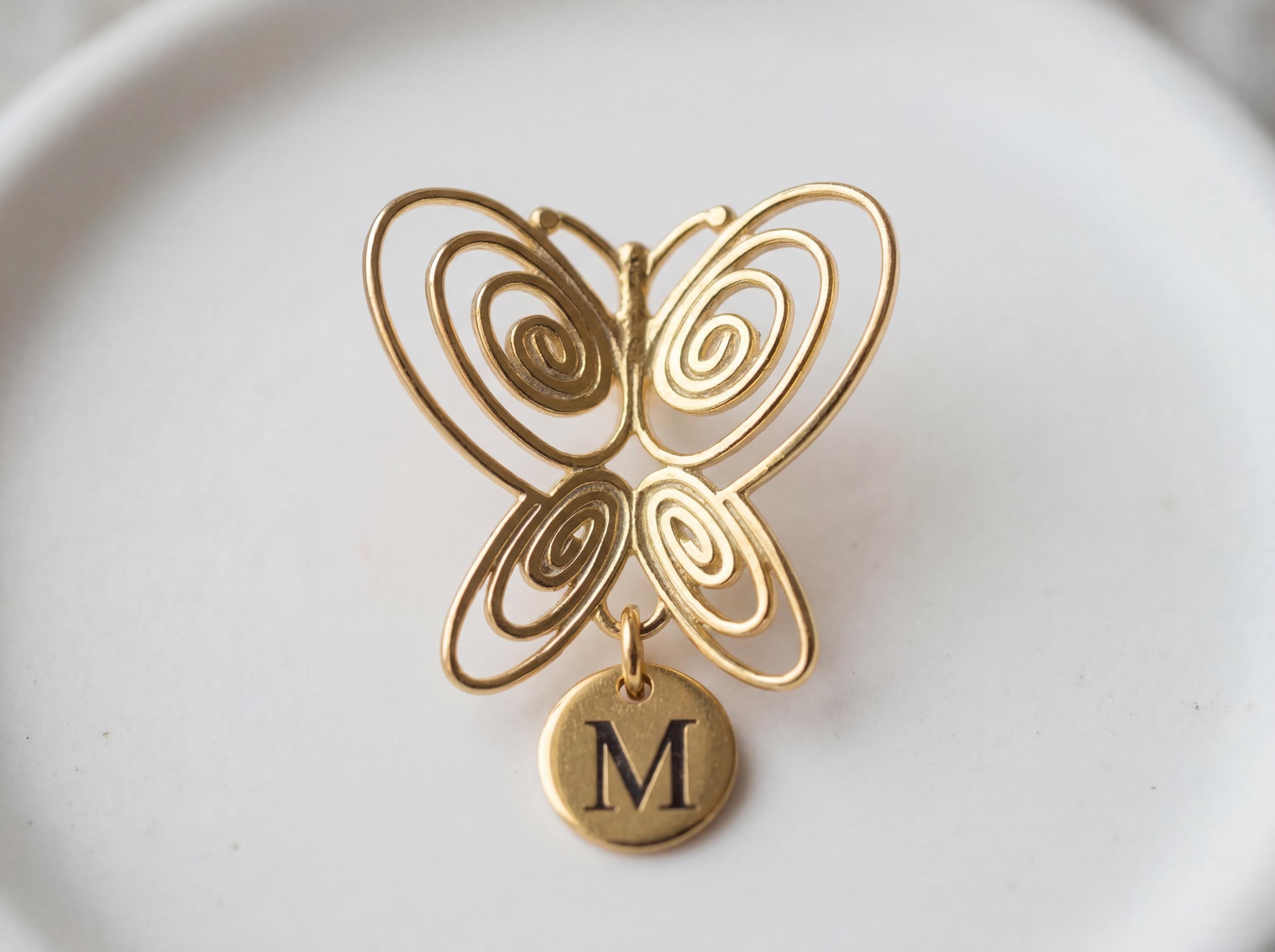 Butterfly Spiral Ring, 18K Gold Butterfly Statement Ring, Adjustable Sculptural Ring, Personalized Initial Charm