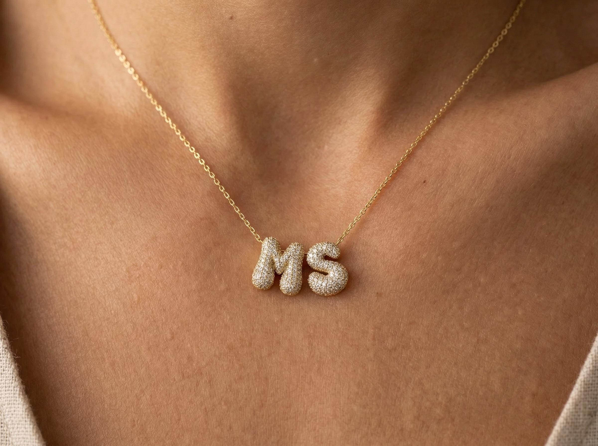 3D Bubble Initial Necklace, Personalized Name Necklace, Puffy Letter Charm, Dainty Gold Initial Jewelry, Gift for Mom