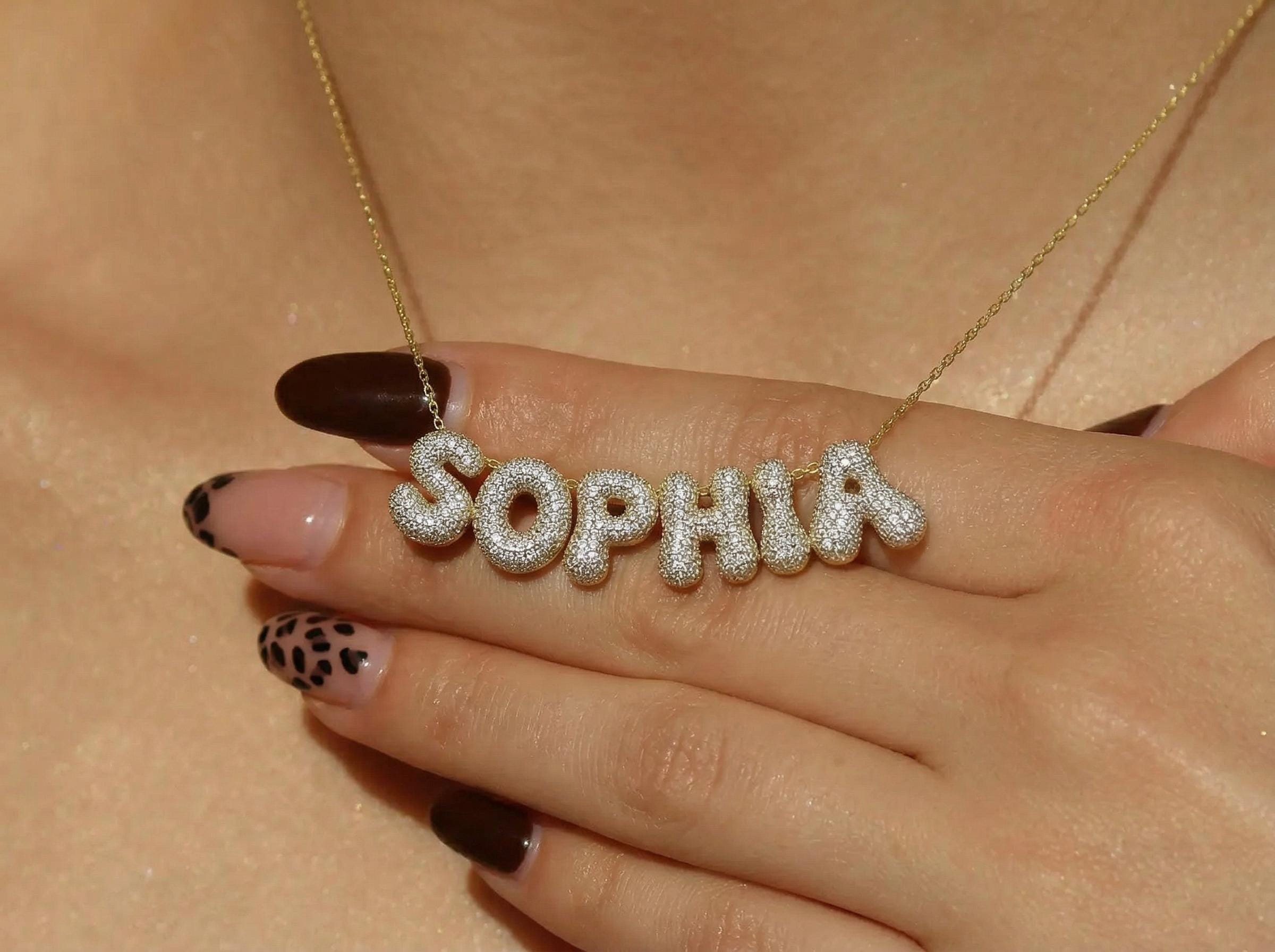 Sophia bubble letter pavé name necklace dainty gold jewelry