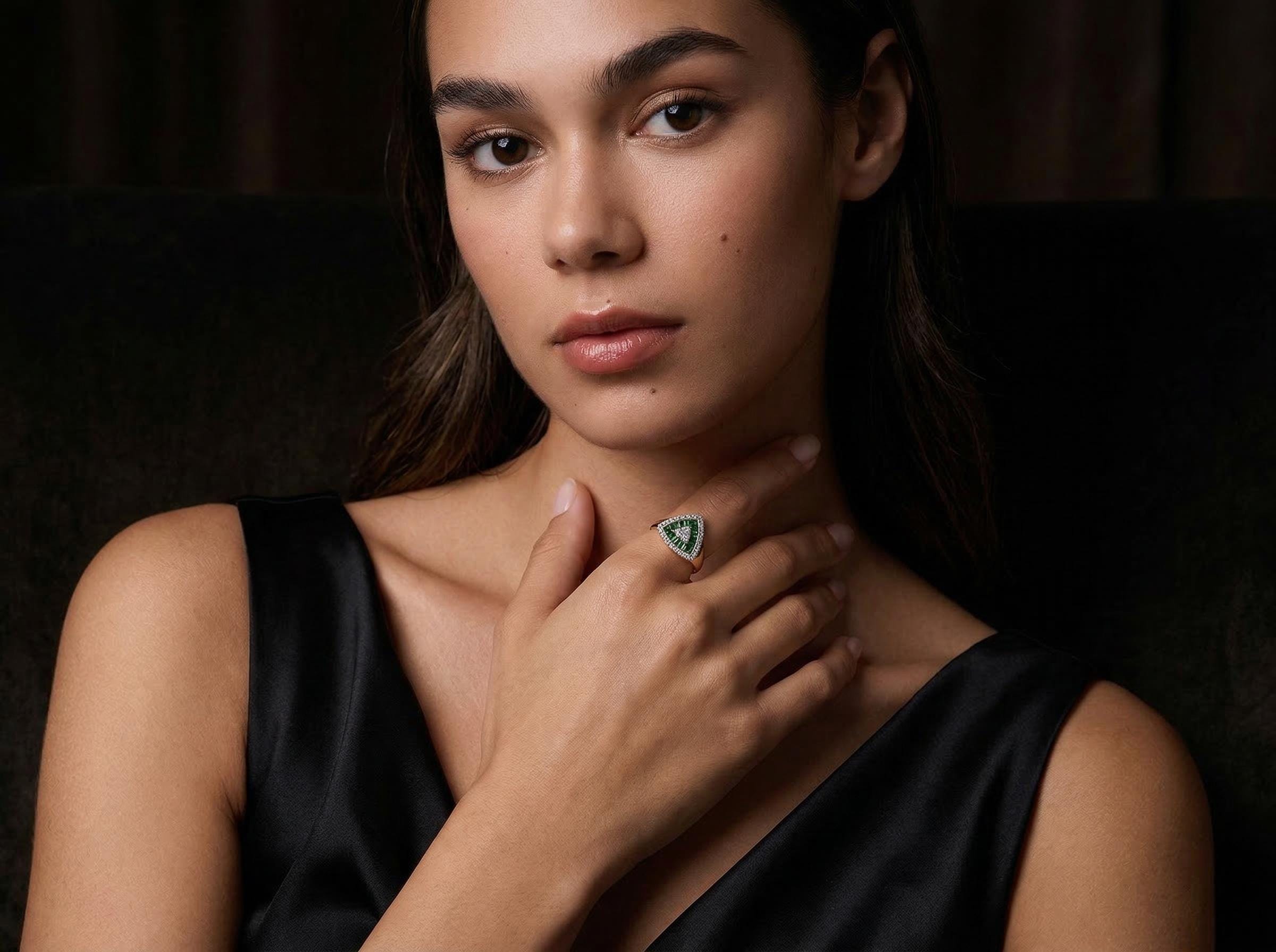 Emerald Baguette Triangle Ring 14K Solid Gold, Geometric Jade Ring, Sculptural Statement Ring, Pinky Ring, Class Ring