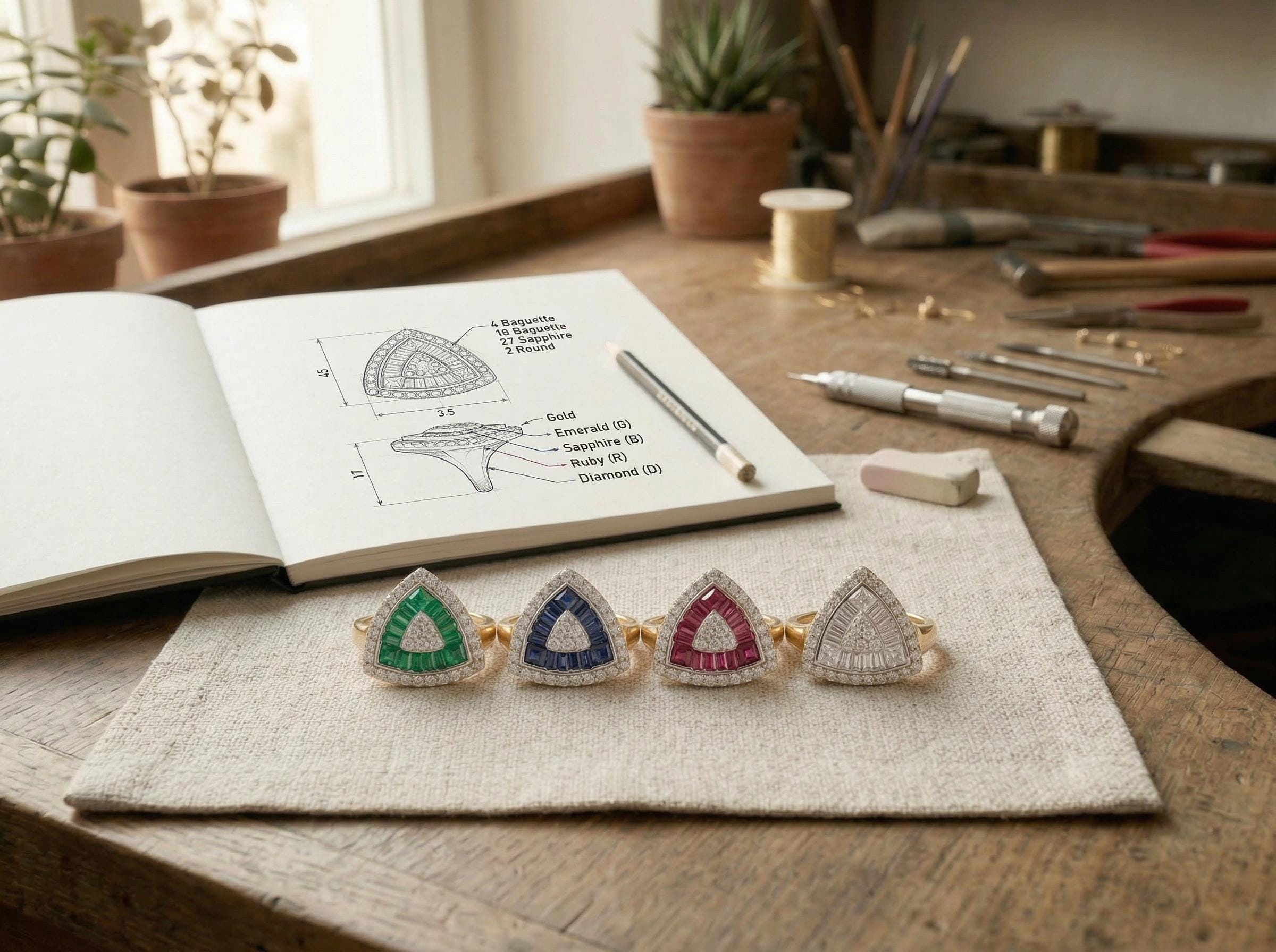 Emerald Baguette Triangle Ring 14K Solid Gold, Geometric Jade Ring, Sculptural Statement Ring, Pinky Ring, Class Ring