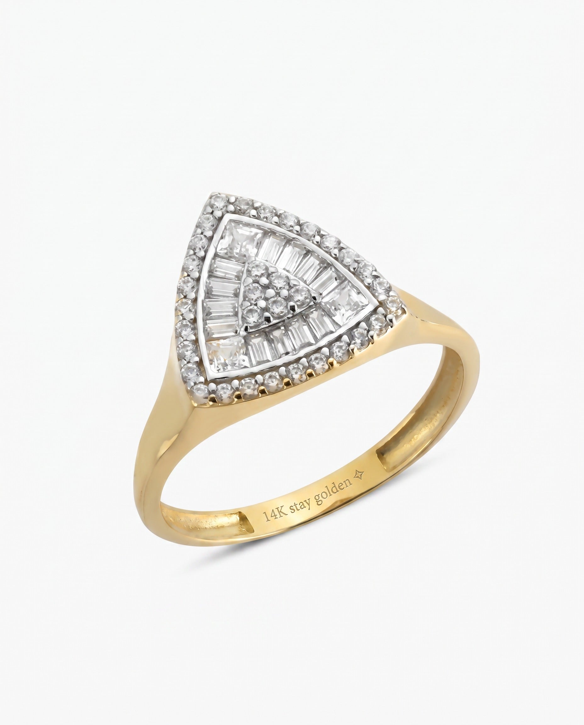 14K Solid Gold Triangle Baguette Ring – Emerald Sapphire Ruby Diamond Halo Ring, Geometric Statement Fine Jewelry Gift for Her