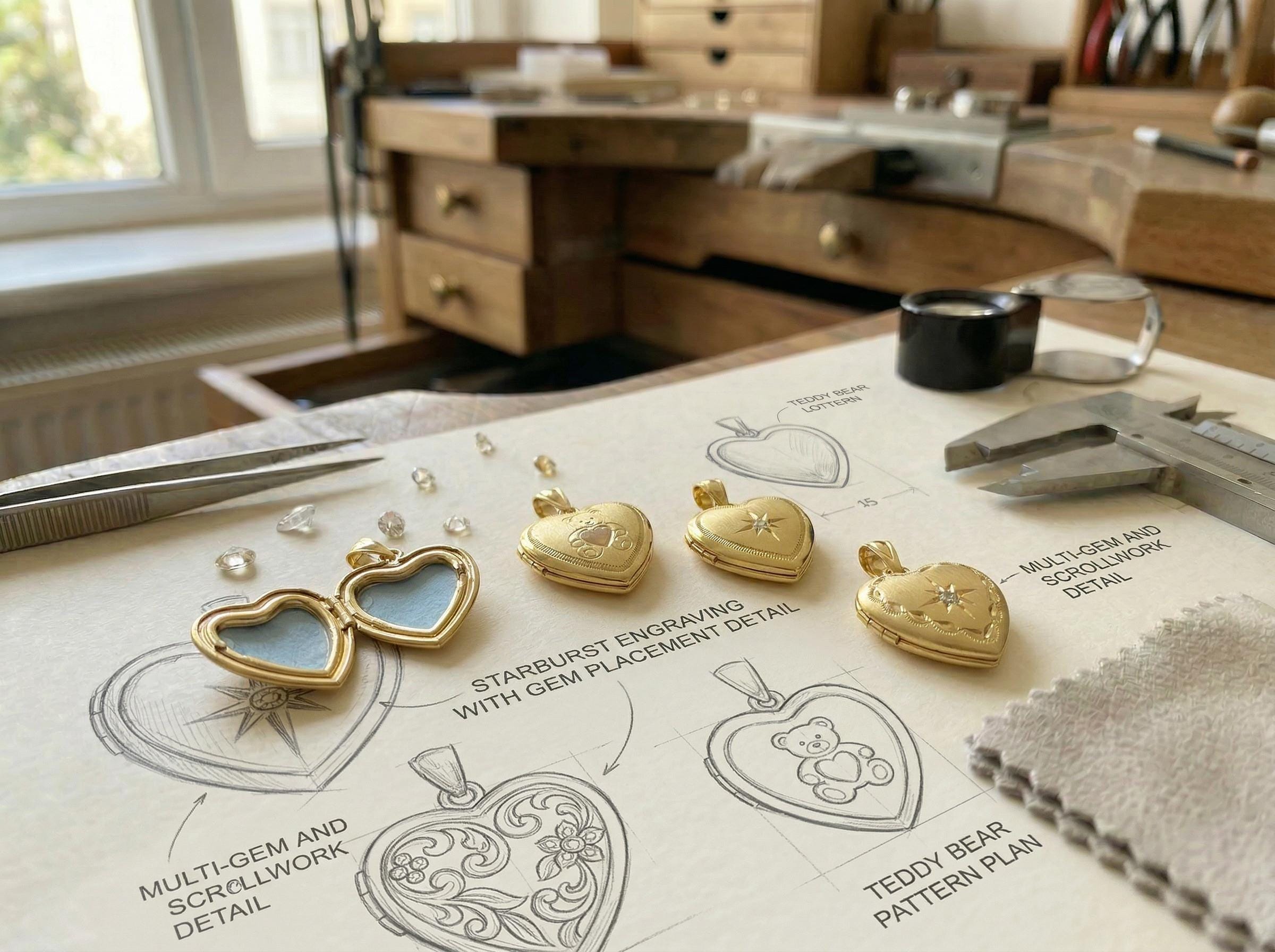 heart locket pendant displayed on jewelry tools and sketch showing handmade design process detail