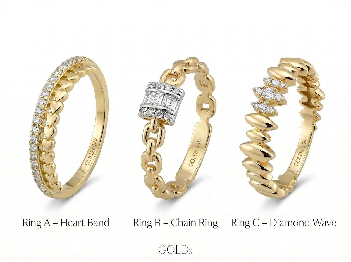 Three gold rings placed on design sketch paper labeled heart band, chain ring, and diamond wave band, showing inspiration drawing and finished jewelry pieces.