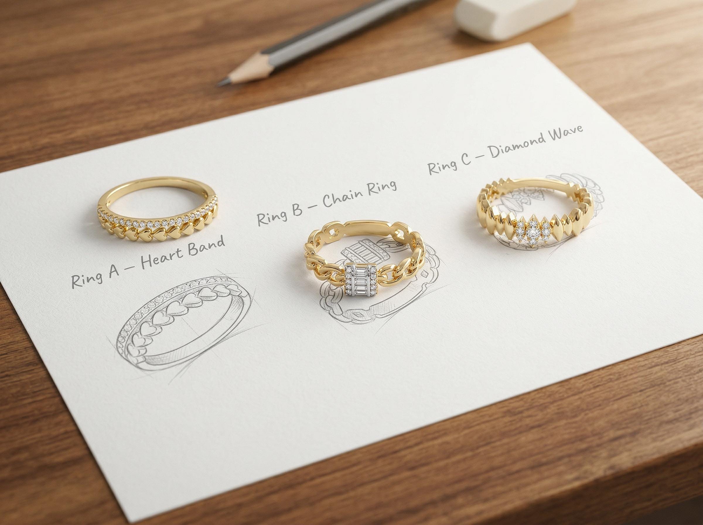 Three gold rings placed on design sketch paper labeled heart band, chain ring, and diamond wave band, showing inspiration drawing and finished jewelry pieces.