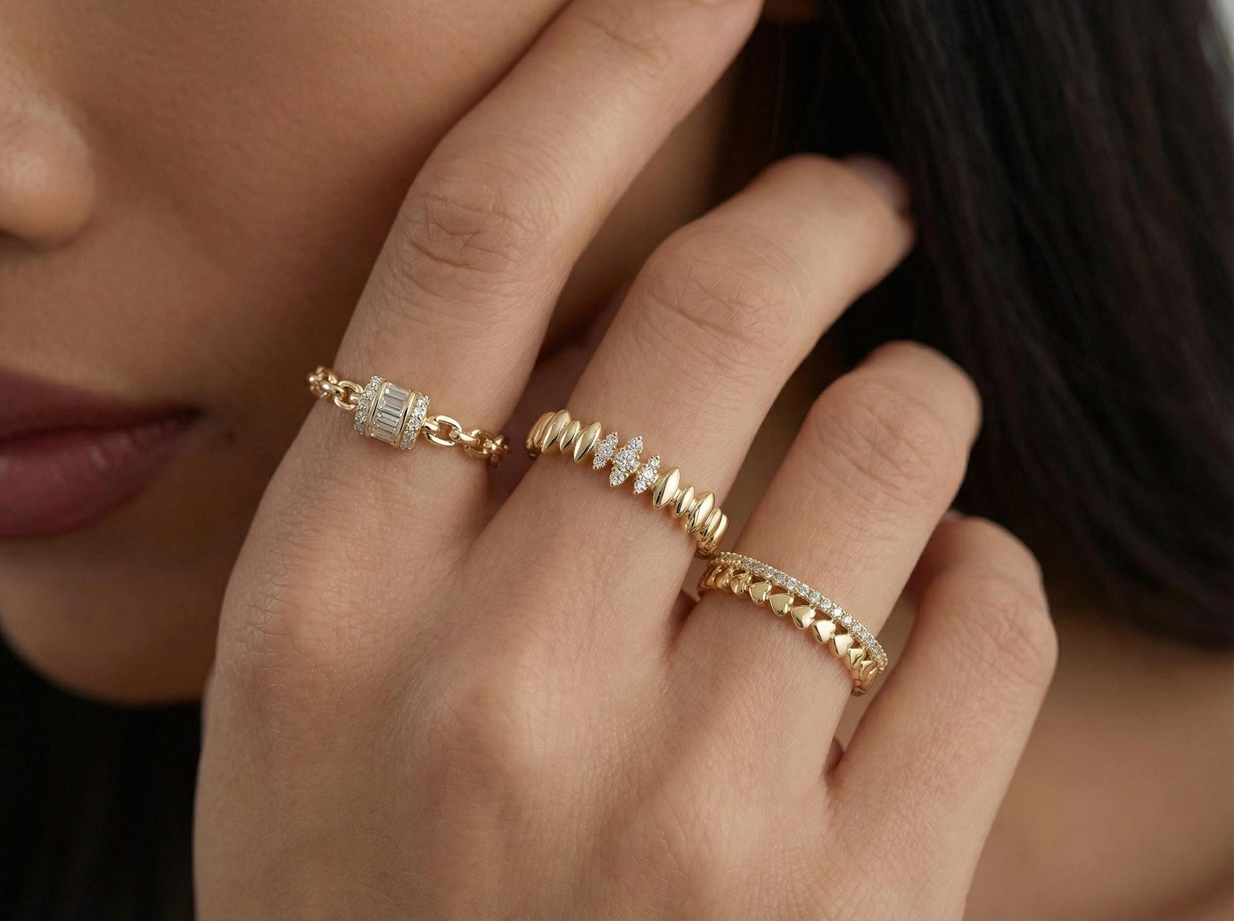 14K Gold Diamond Cut Stacking Rings Set, Baguette Chain Ring, Minimal Dainty Bands, Wave Ring, Thin Textured Gold Rings, Fine Jewelry