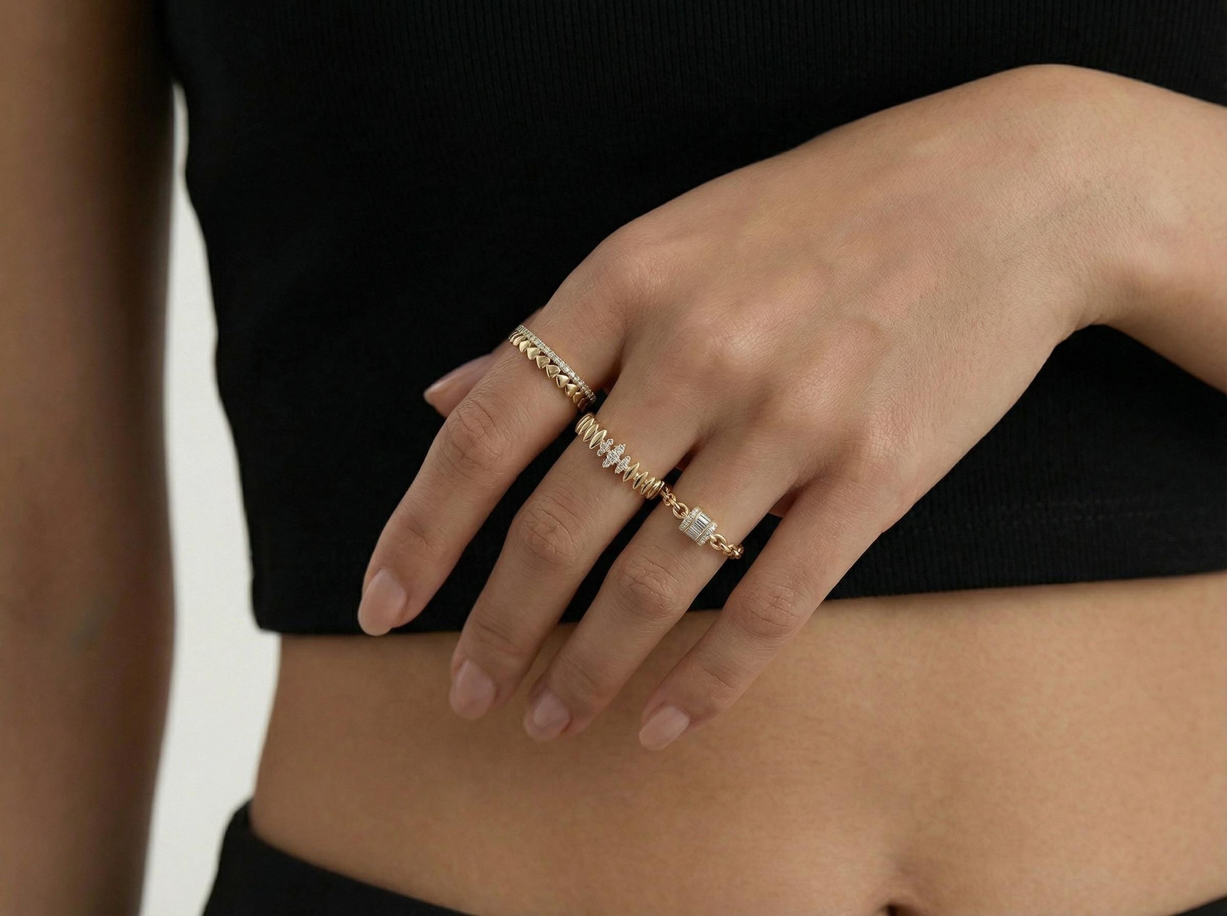 14K Gold Diamond Cut Stacking Rings Set, Baguette Chain Ring, Minimal Dainty Bands, Wave Ring, Thin Textured Gold Rings, Fine Jewelry