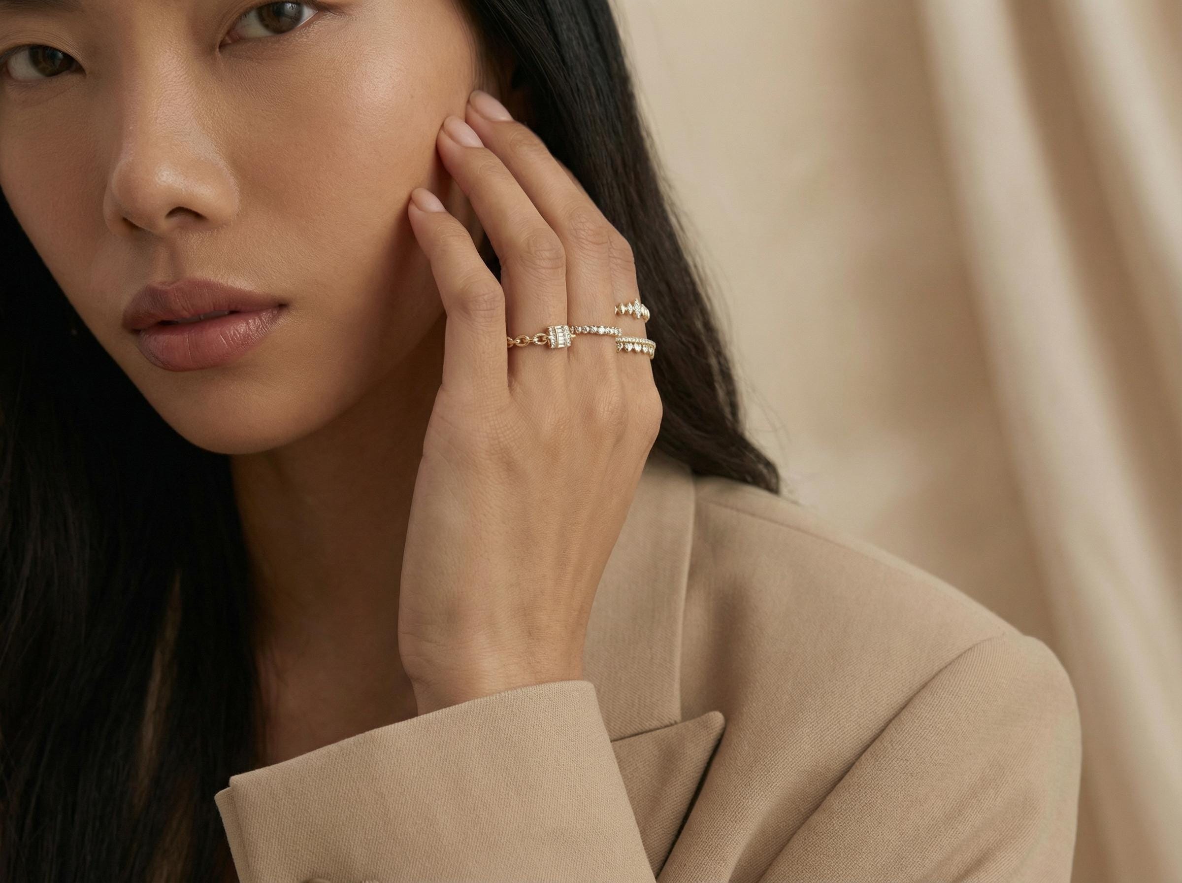 14K Gold Diamond Cut Stacking Rings Set, Baguette Chain Ring, Minimal Dainty Bands, Wave Ring, Thin Textured Gold Rings, Fine Jewelry