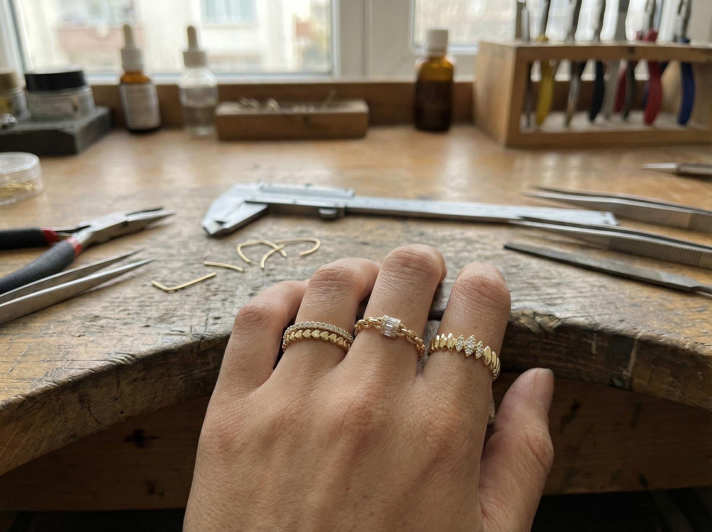 14K Gold Diamond Cut Stacking Rings Set, Baguette Chain Ring, Minimal Dainty Bands, Wave Ring, Thin Textured Gold Rings, Fine Jewelry