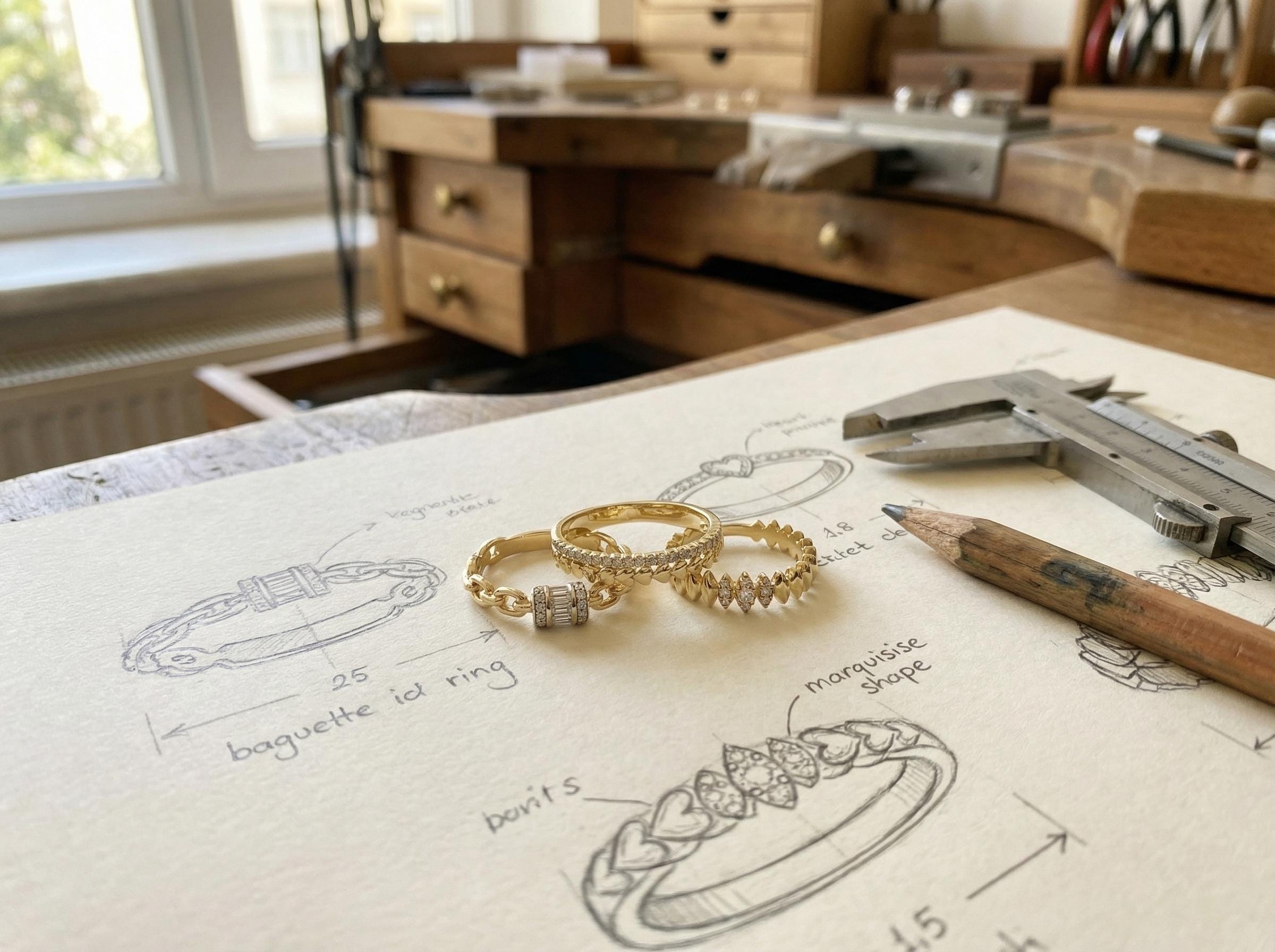 Three gold rings placed on jewelry design sketch paper on wooden desk, showing heart band, chain link baguette diamond ring, and diamond wave band beside drawing tools.