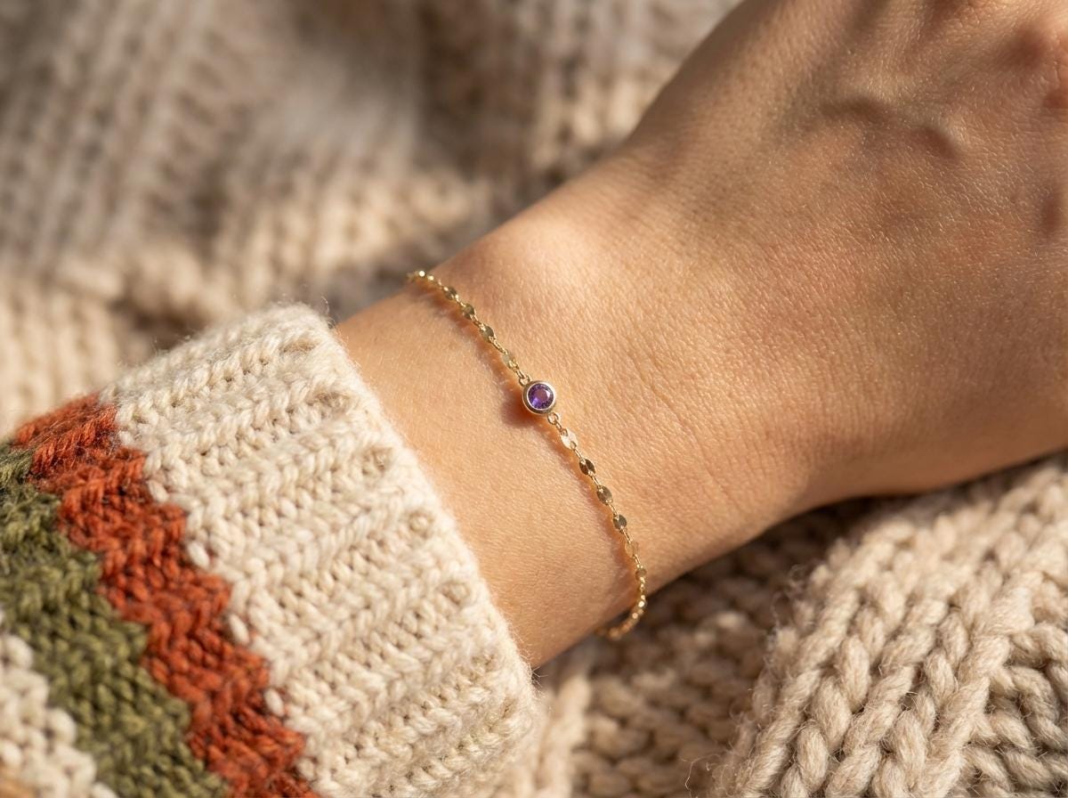 14K Gold February Birthstone Bracelet – Couples bracelet, Birthday gift