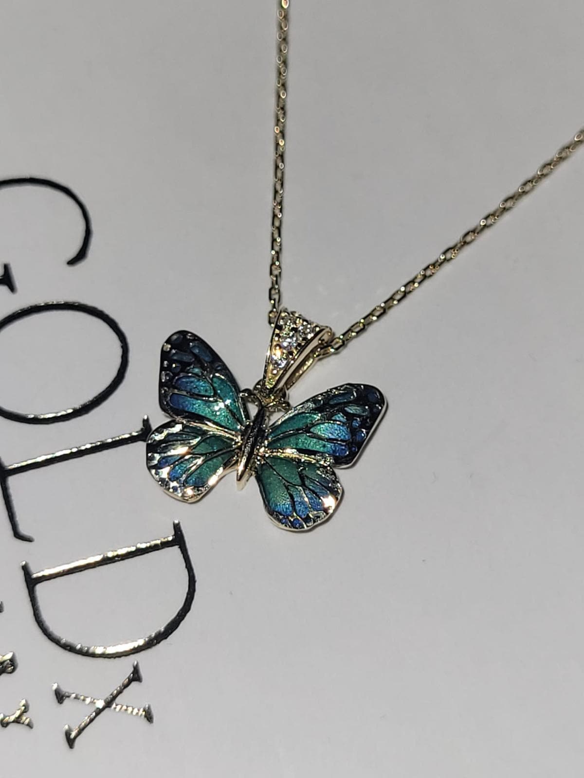 14K Solid Gold Butterfly Necklace: Blue Enamel Holiday Jewelry