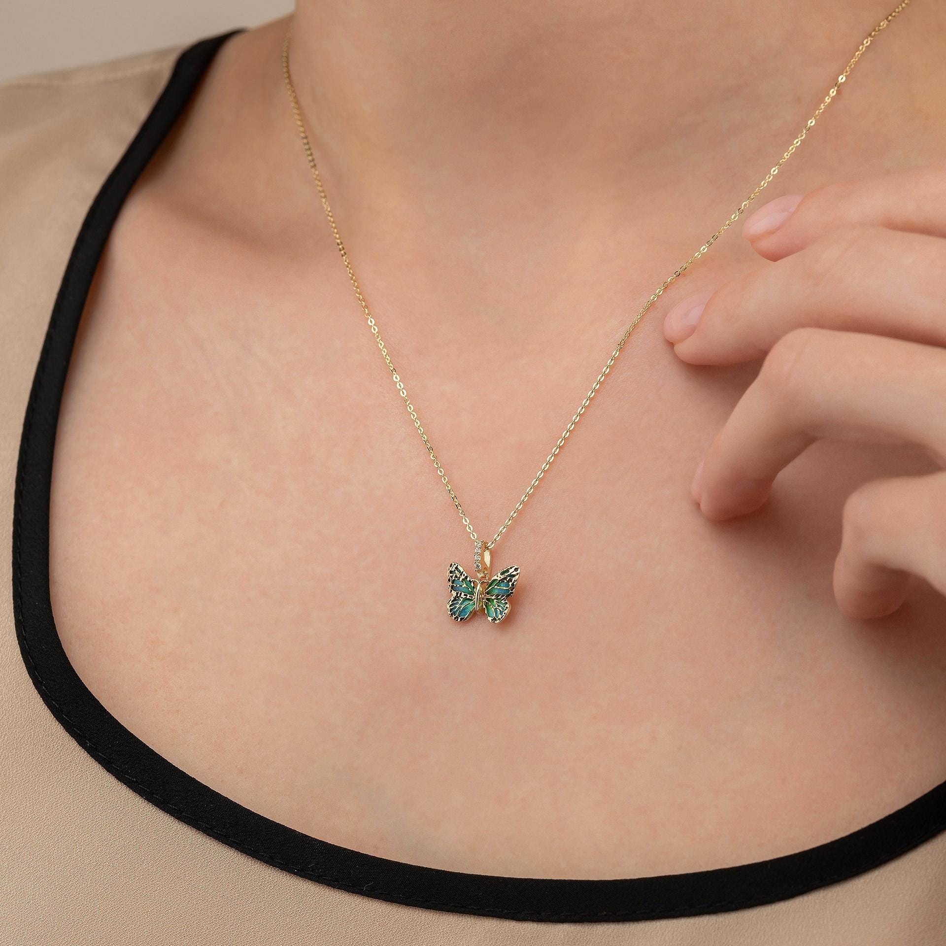 14K Solid Gold Butterfly Necklace: Blue Enamel Holiday Jewelry