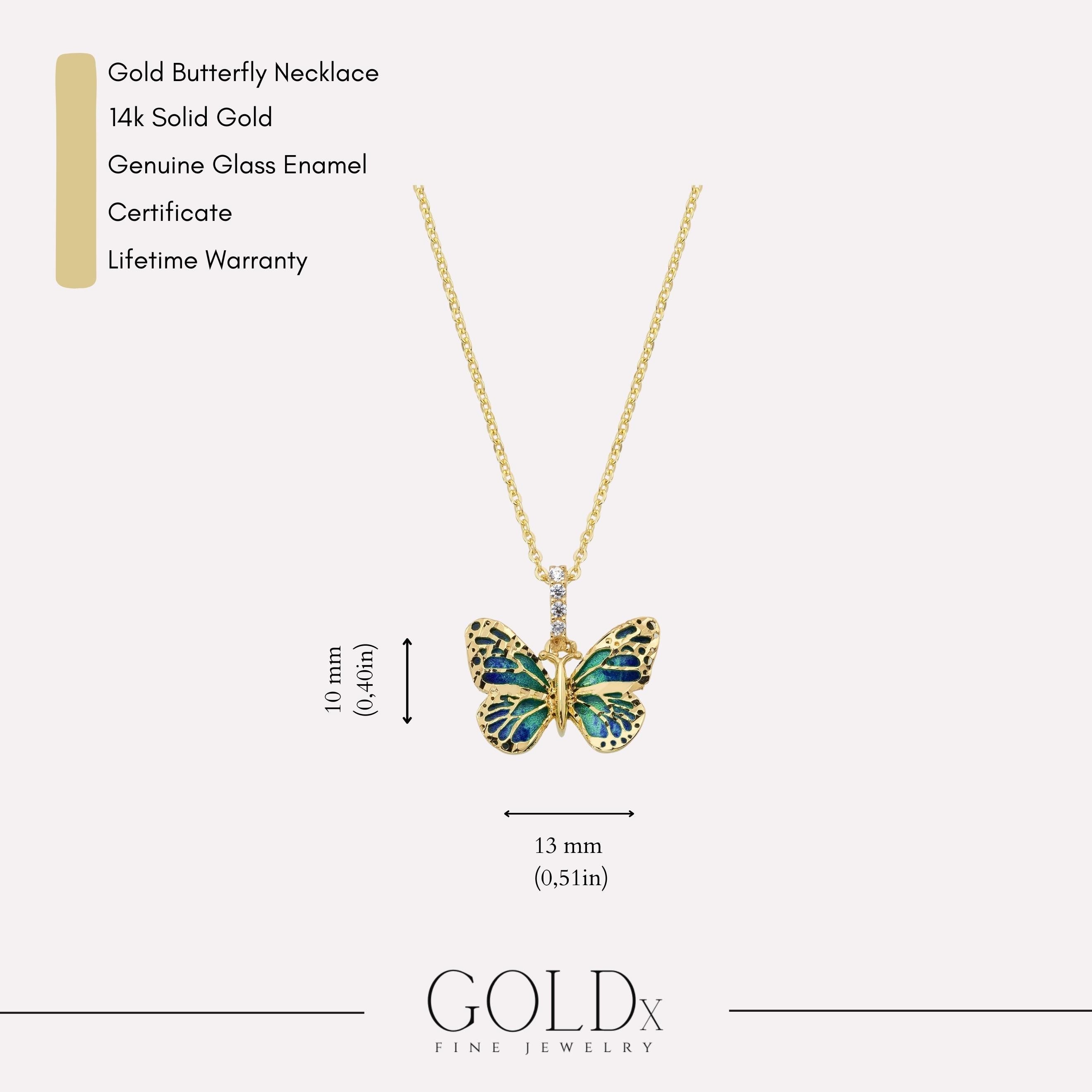 14K Solid Gold Butterfly Necklace: Blue Enamel Holiday Jewelry