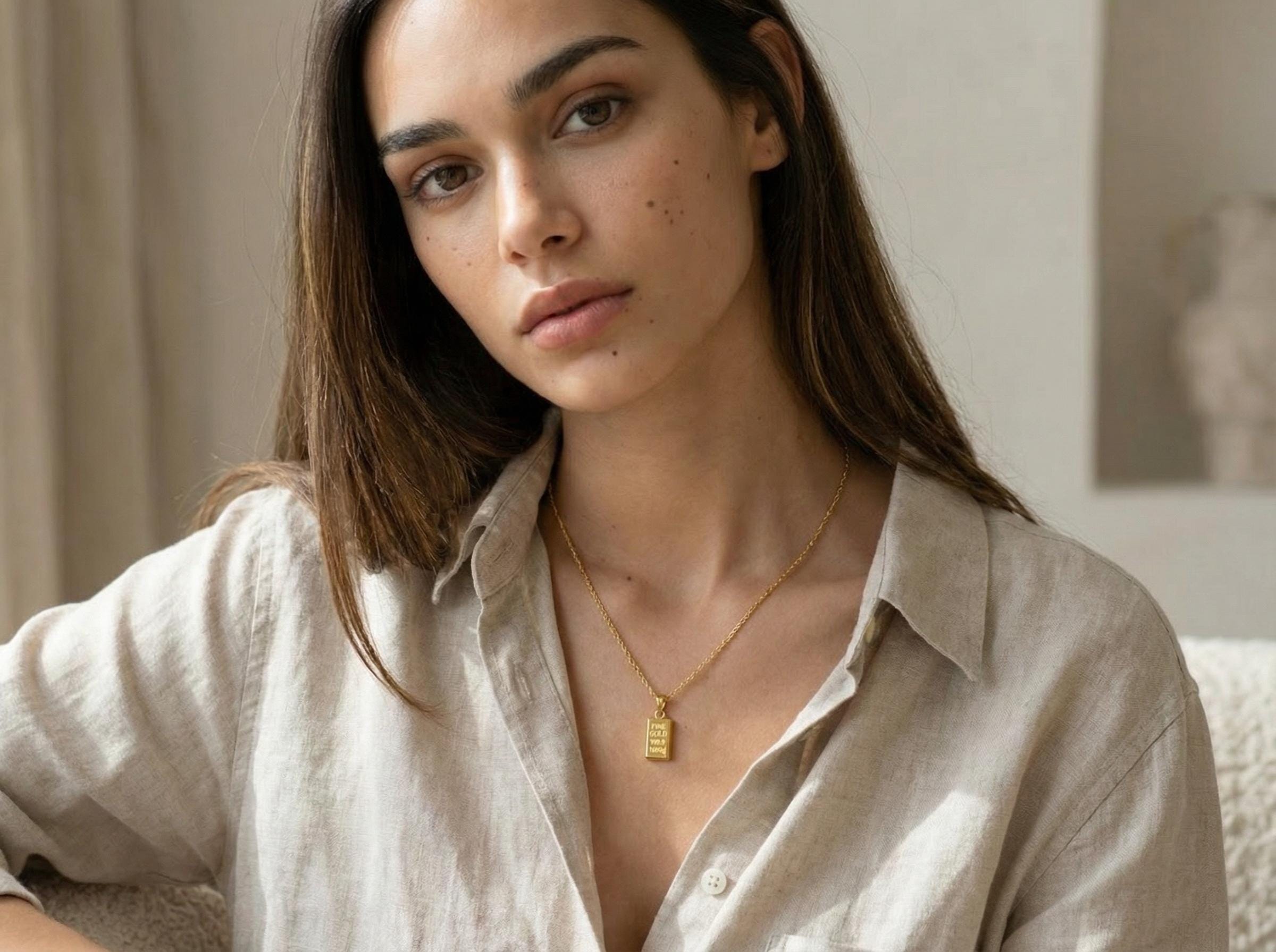 14K Solid Gold 3D Bullion Bar Necklace – Mini Gold Ingot Pendant on Gold Rope Chain, Wealth Symbol Jewelry