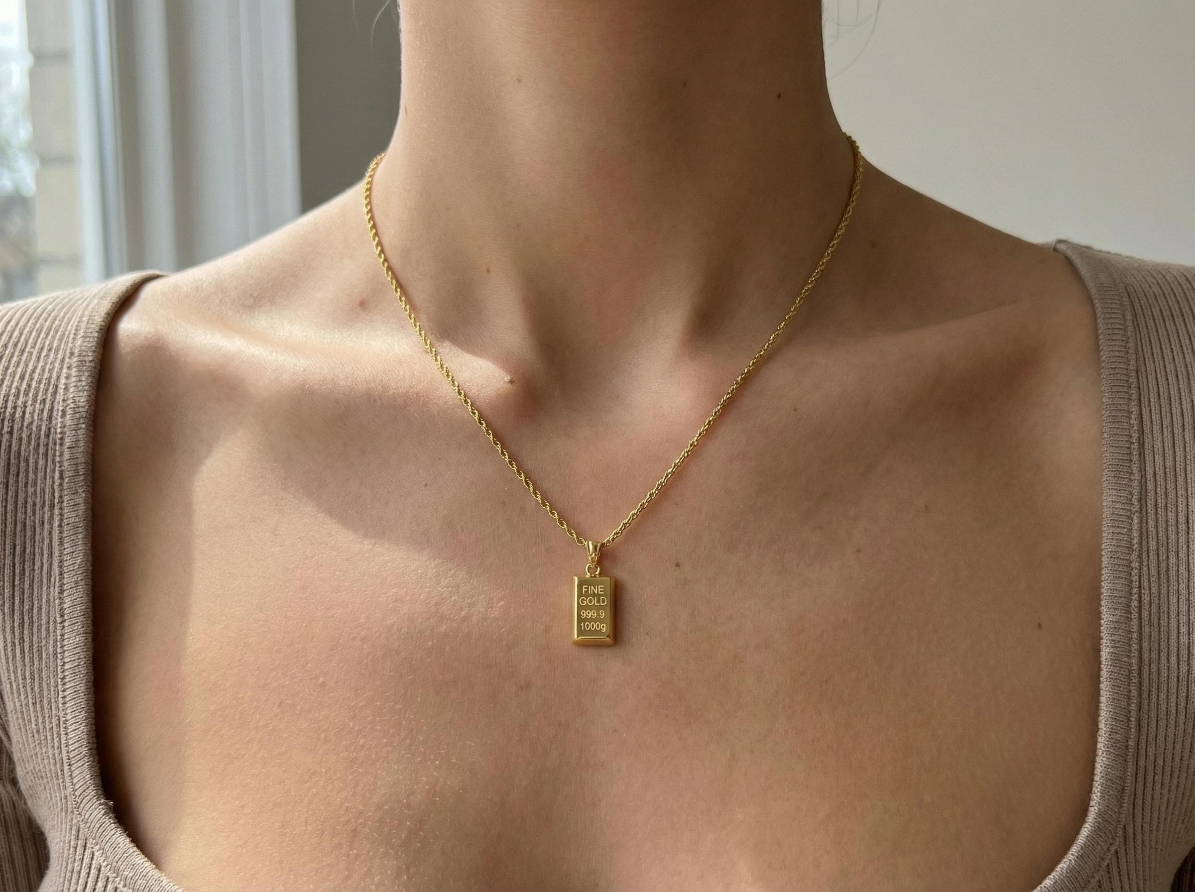14K Solid Gold 3D Bullion Bar Necklace – Mini Gold Ingot Pendant on Gold Rope Chain, Wealth Symbol Jewelry
