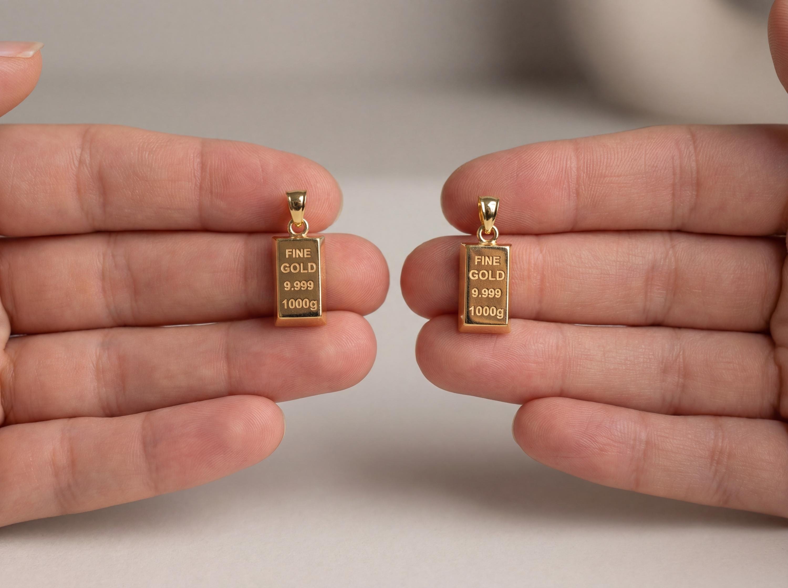 14K Solid Gold 3D Bullion Bar Necklace – Mini Gold Ingot Pendant on Gold Rope Chain, Wealth Symbol Jewelry
