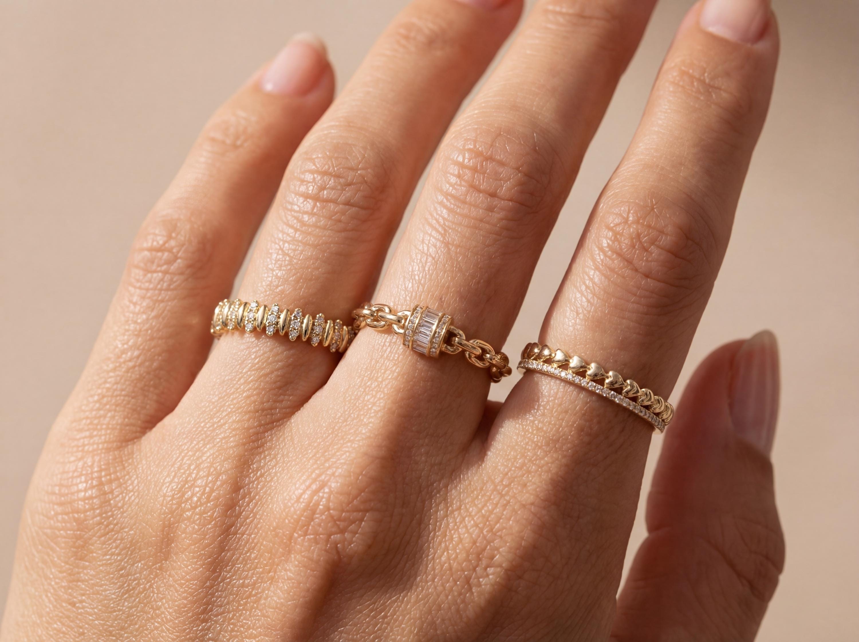 14K Solid Gold Diamond Ring Chain Link Ring, Baguette Cut, Minimal Dainty Stacking  Band Jewelry, Anniversary Gift for Wife