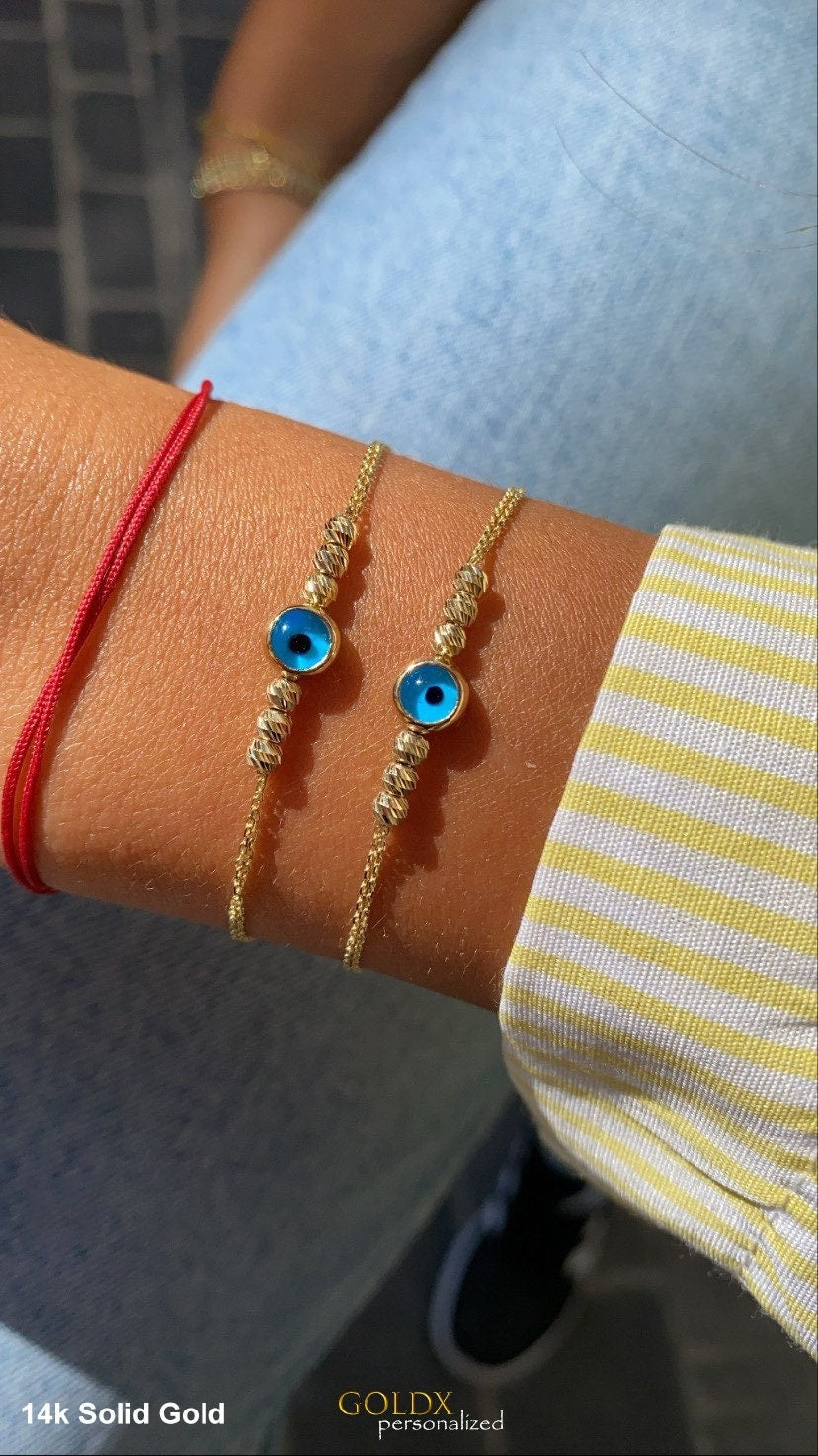 14K Solid Gold Evil Eye Bracelet: Good Luck Charm
