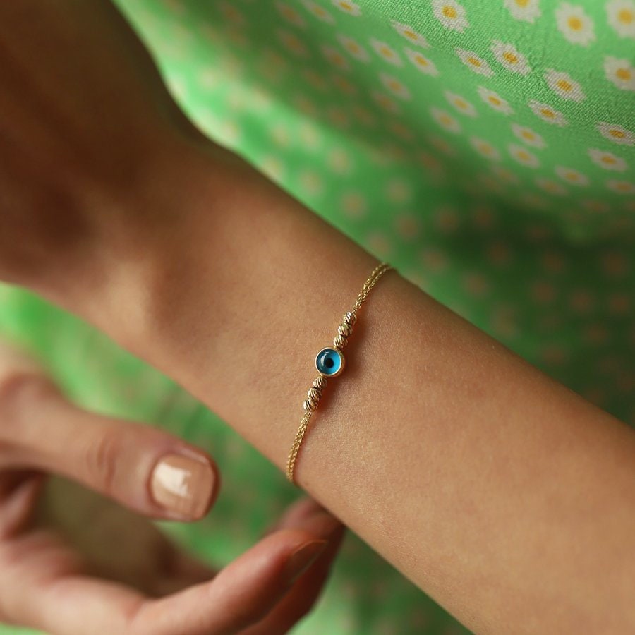 14K Solid Gold Evil Eye Bracelet: Good Luck Charm