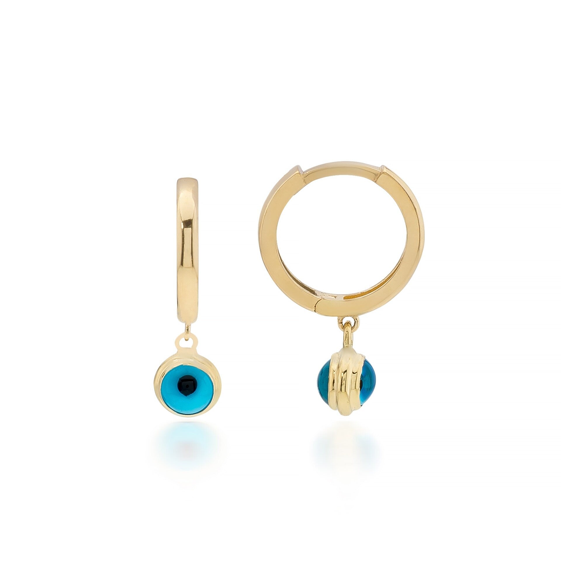 14K Solid Gold Evil Eye Hoop Earrings: Dainty Huggie Style