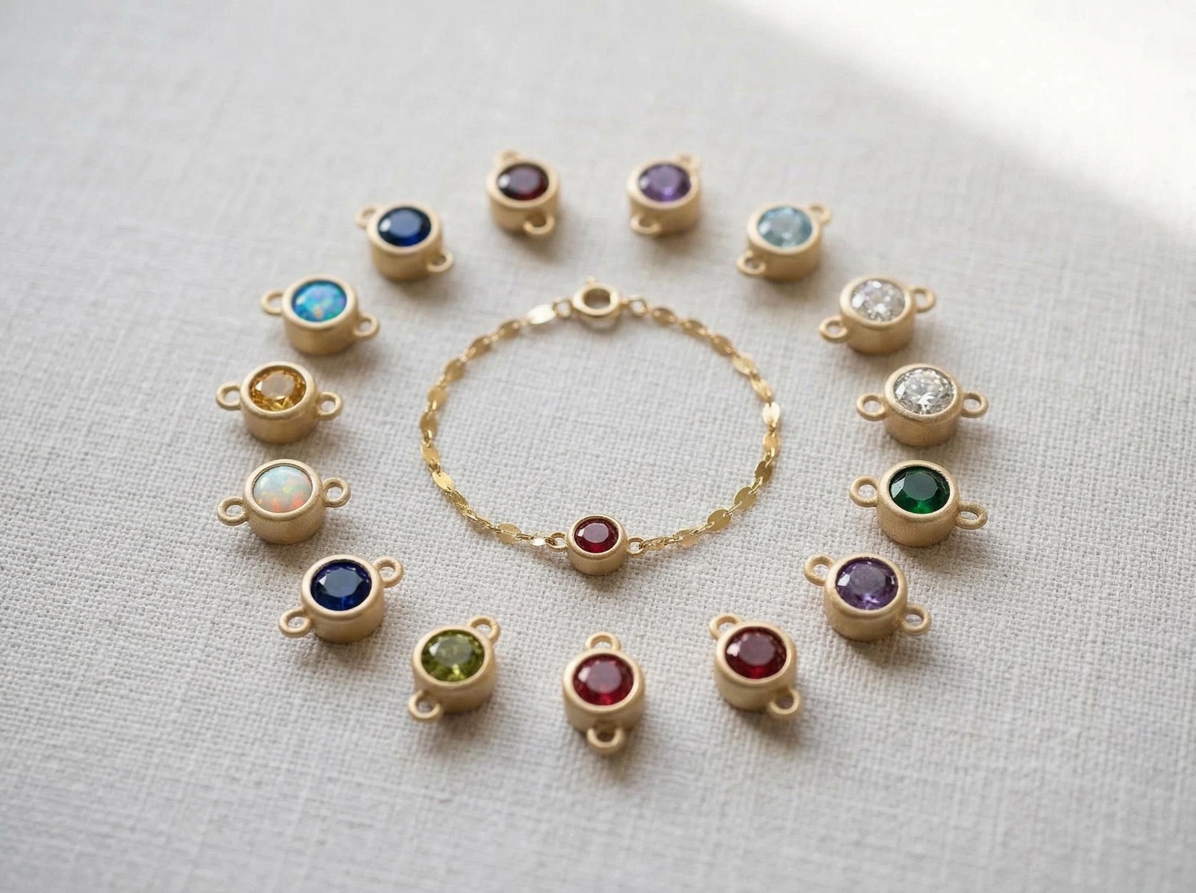 14K Solid Gold Family Birthstone Bracelet, Mom Birthstone Bracelet, Mother Child Bracelet, Personalized Birthstone Jewelry Gift